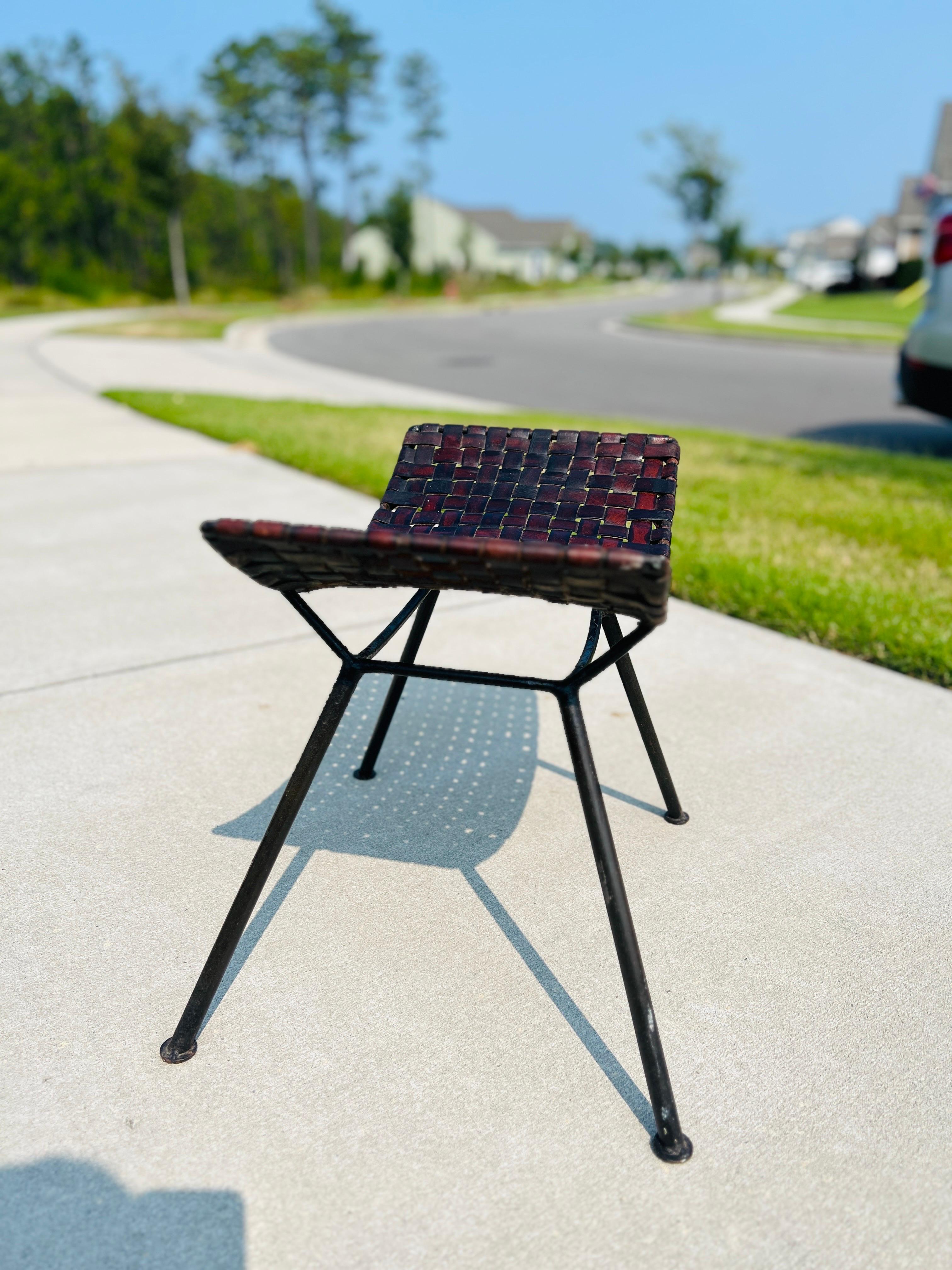 Katavolos Style Woven Leather and Iron Stool After Lila Swift & Donald Monell For Sale 3