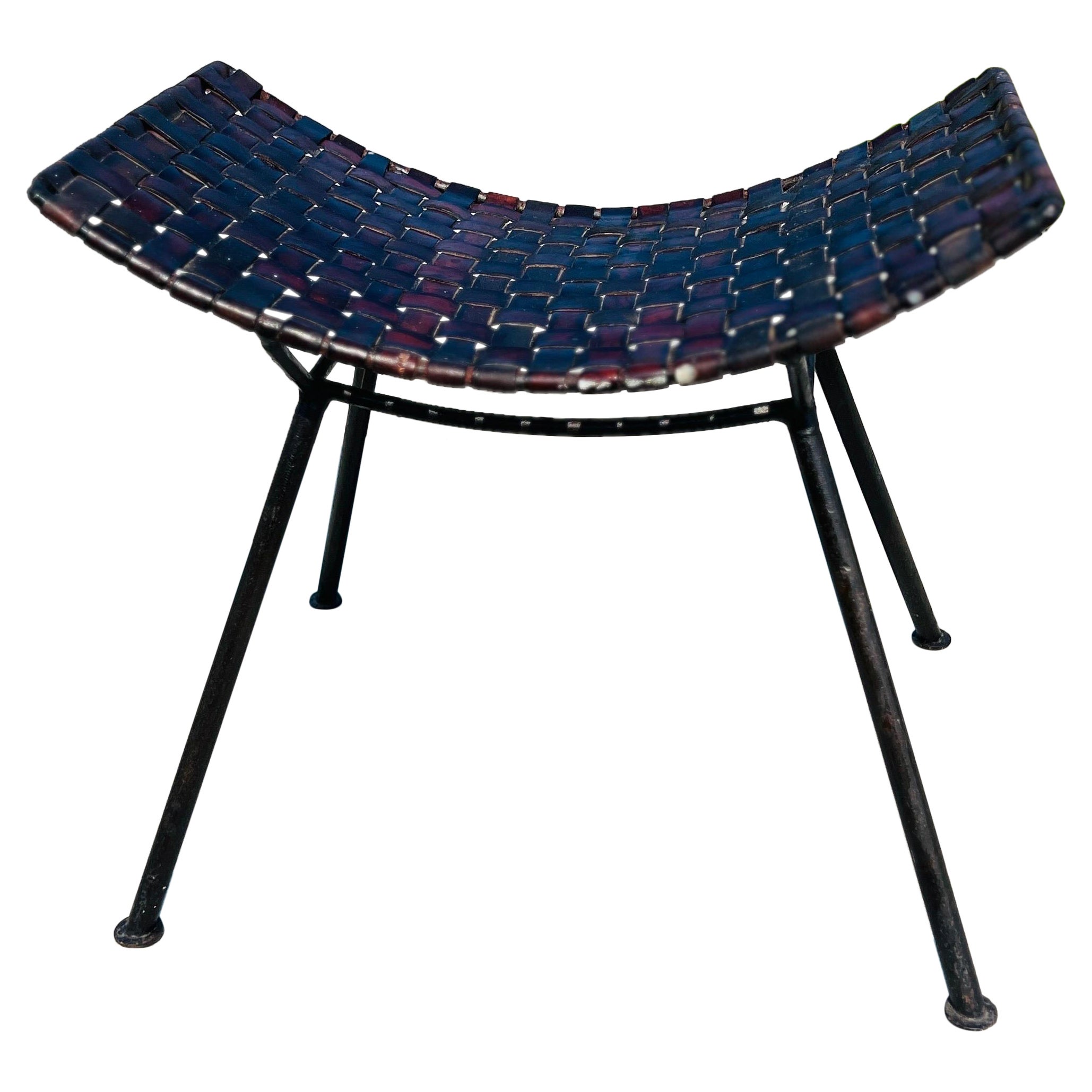 Katavolos Style Woven Leather and Iron Stool After Lila Swift & Donald Monell For Sale