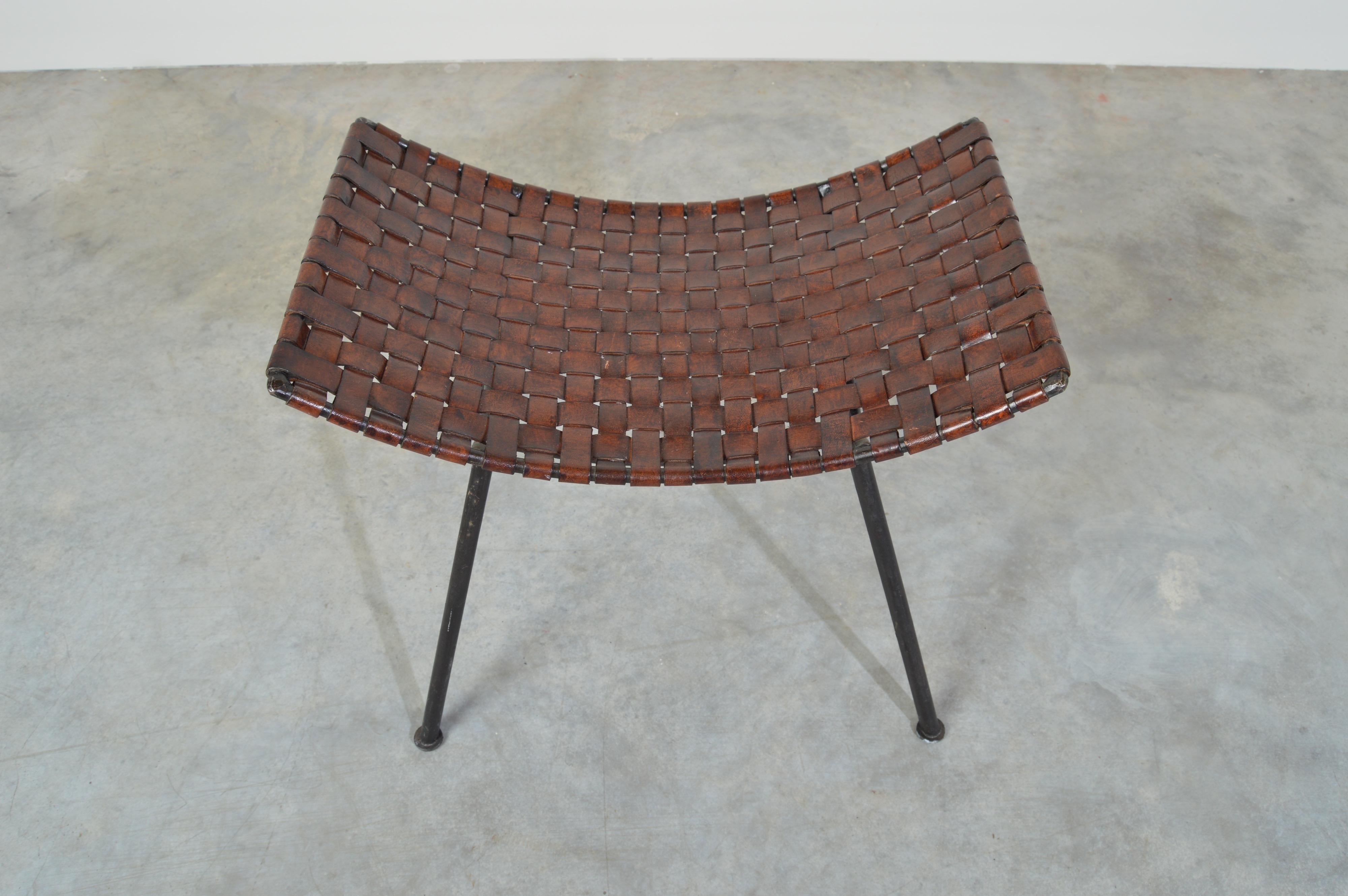 Mid-Century Modern Katavolos Style Woven Leather and Iron Stool After Lila Swift & Donald Monell