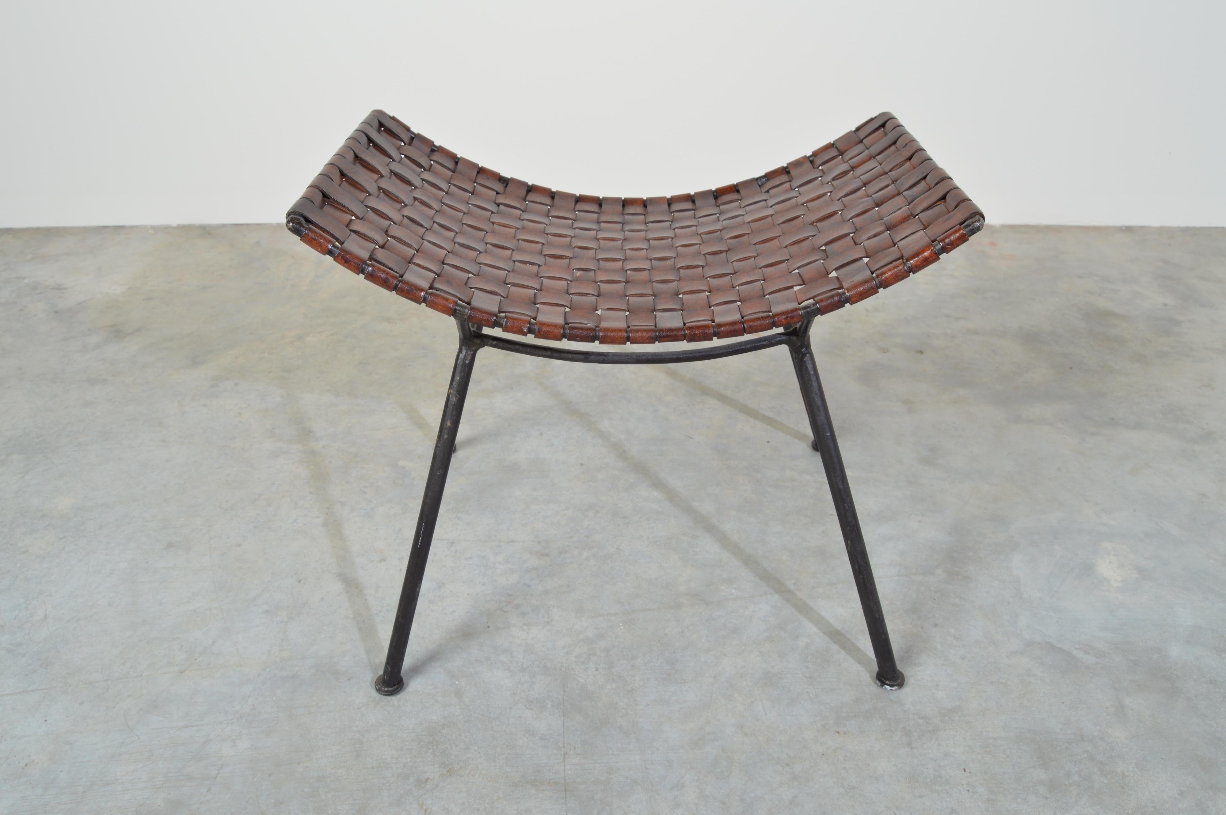 American Katavolos Style Woven Leather and Iron Stool After Lila Swift & Donald Monell
