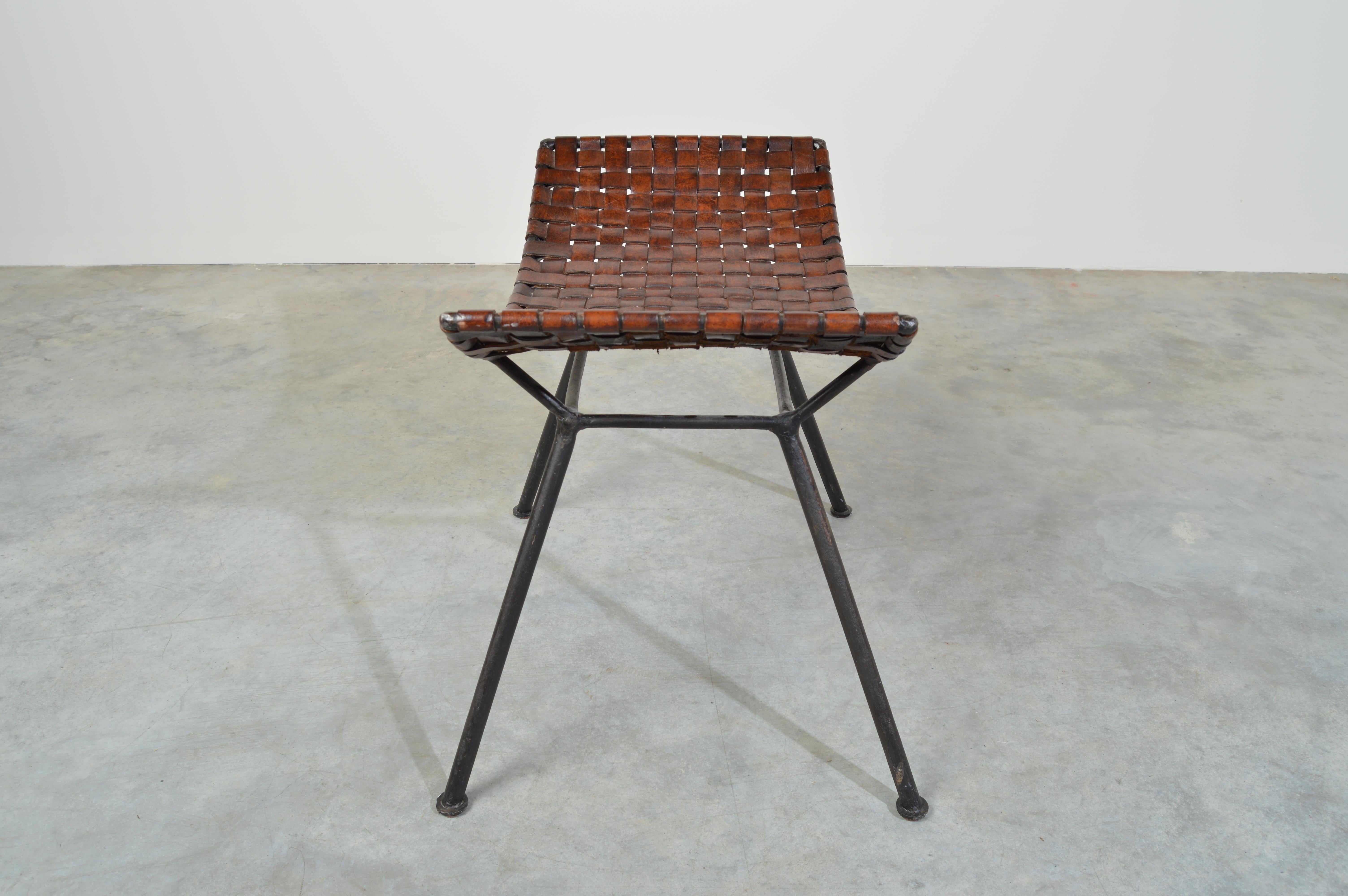 Katavolos Style Woven Leather and Iron Stool After Lila Swift & Donald Monell In Good Condition In Southampton, NJ