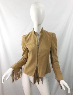 Katayone Adeli 1990s Tan Nubuck Leather Size 4 Fringe Vintage 90s Jacket