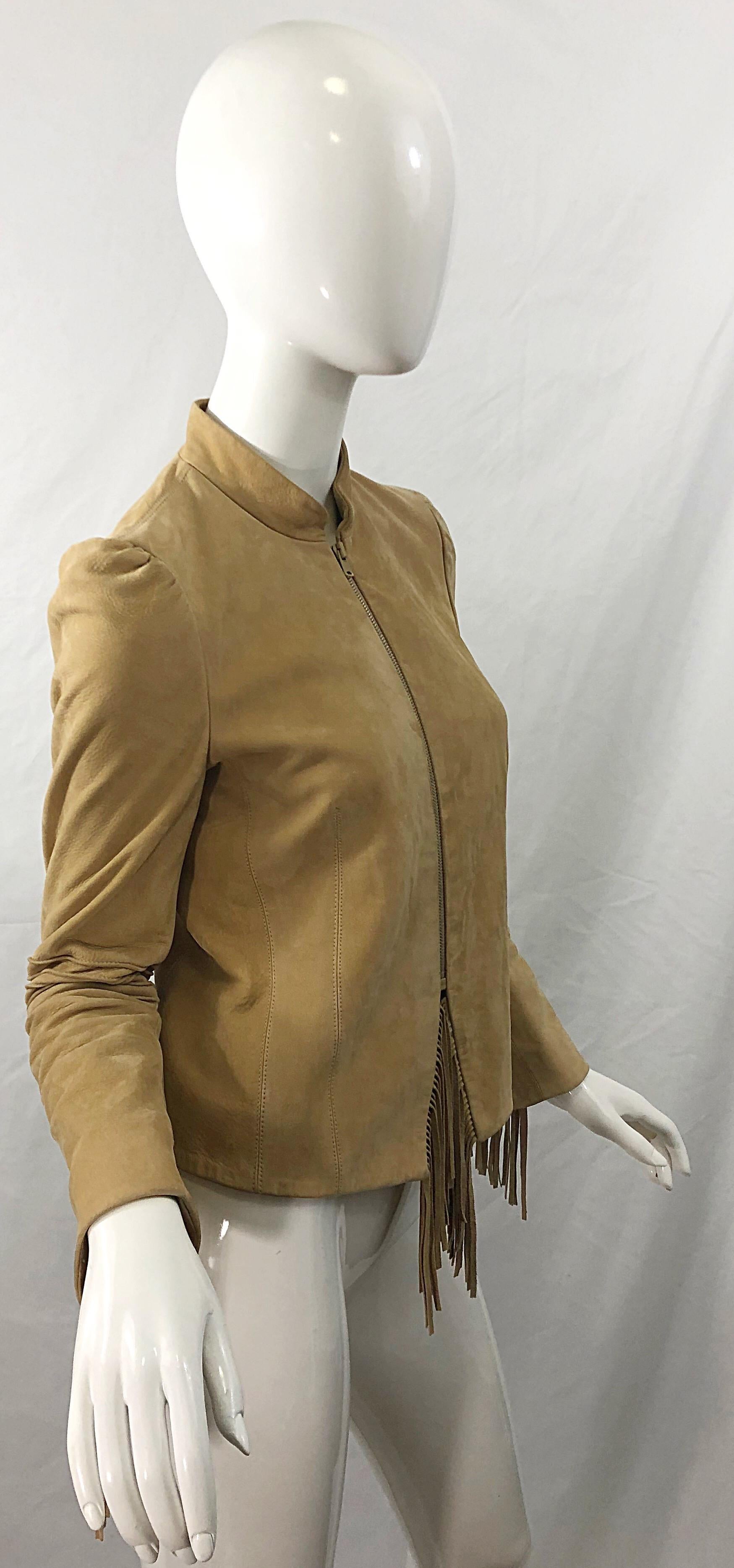 Katayone Adeli 1990s Tan Nubuck Leather Size 4 Fringe Vintage 90s Jacket In Excellent Condition In San Diego, CA