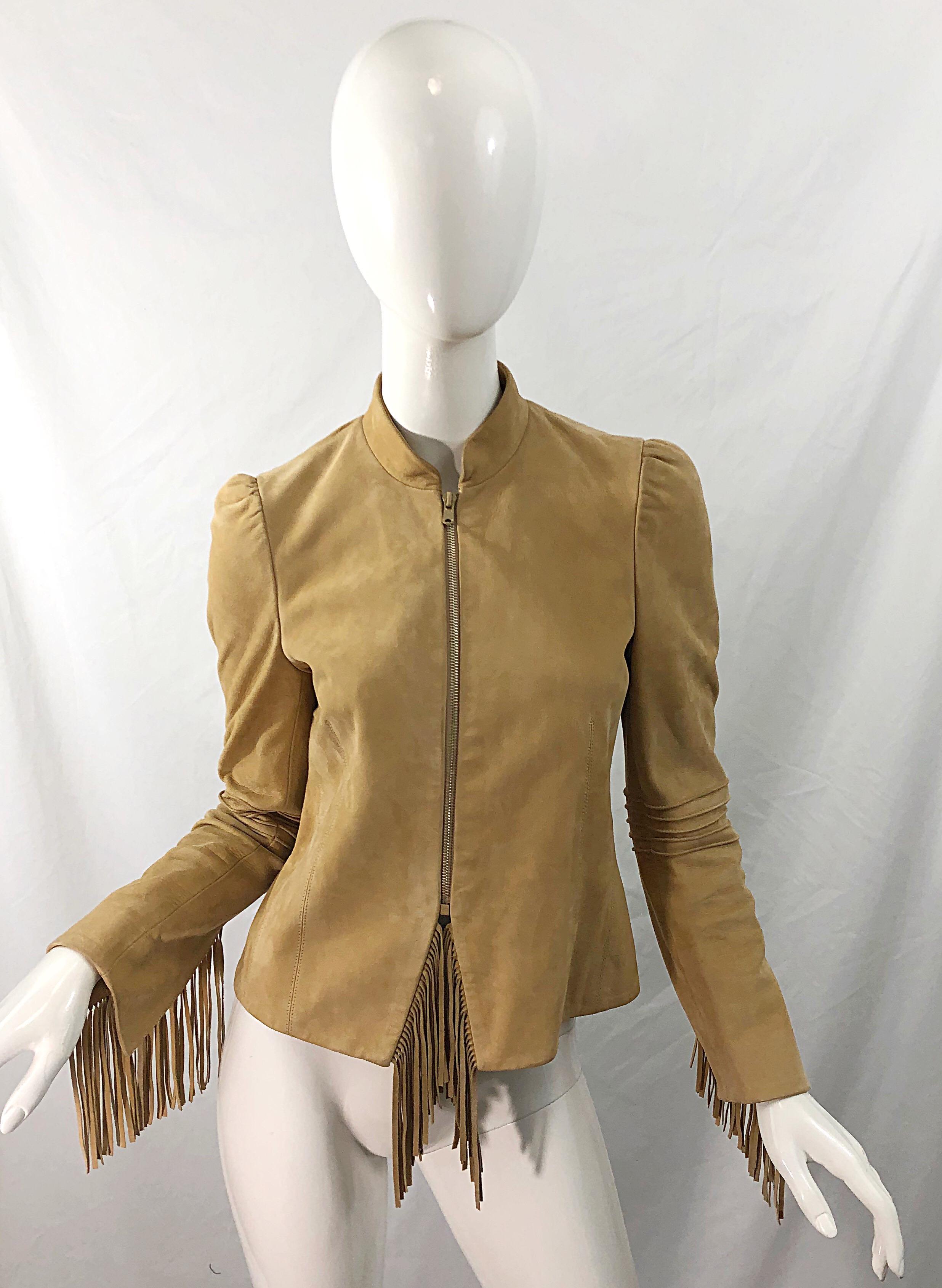 Women's Katayone Adeli 1990s Tan Nubuck Leather Size 4 Fringe Vintage 90s Jacket