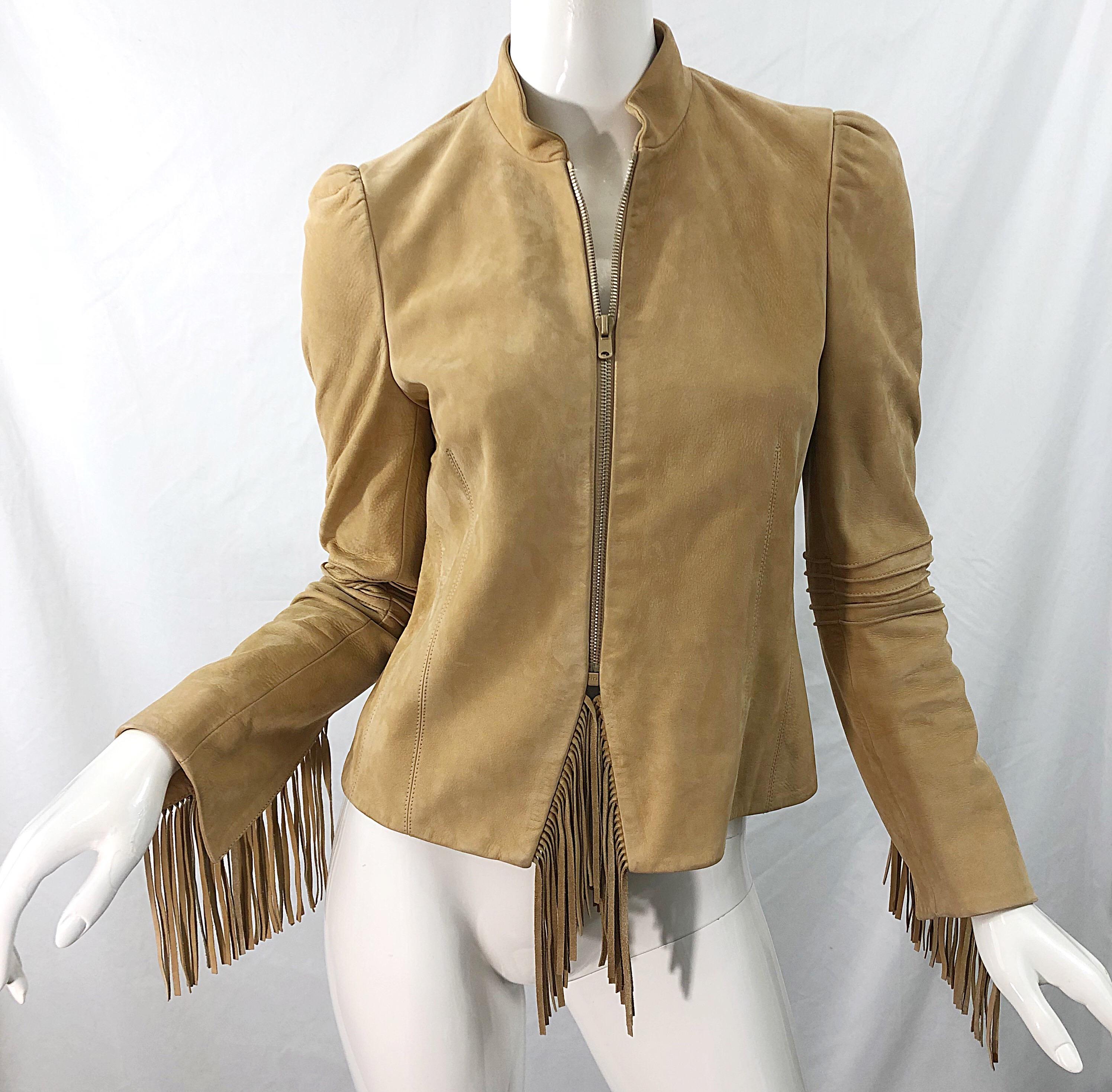 Katayone Adeli 1990s Tan Nubuck Leather Size 4 Fringe Vintage 90s Jacket 1