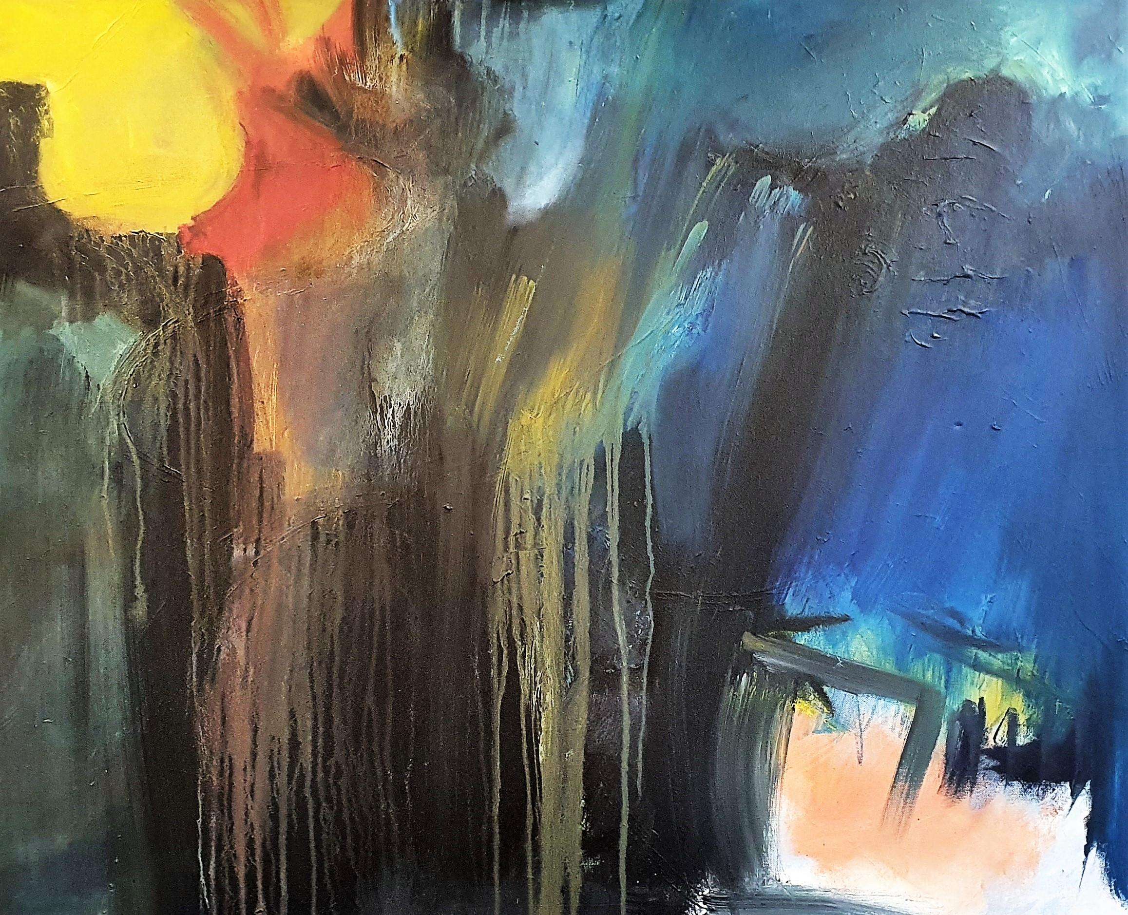 Kate Bell Abstract Painting - "Falling Through Darkness". Contemporary Abstract Oil Painting