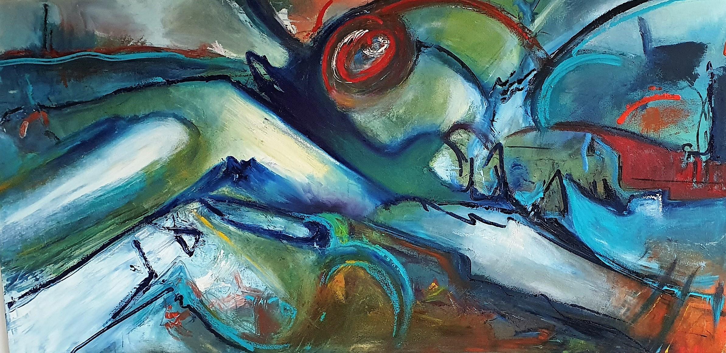 Abstract Painting Kate Bell - « Left From The Foam Bird Rising » (L'oiseau montant à gauche de la mousse). Peinture à l'huile abstraite contemporaine