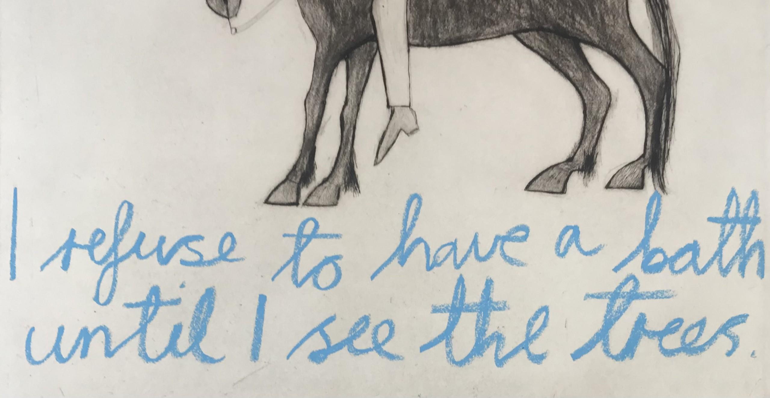 I Refuse To Have A Bath Until I See The Trees is a limited edition drypoint etching by Kate Boxer. Kate Boxer's combination of imagery and text in I Refuse To Have A Bath Until I See The Trees makes for a playful contemporary artwork. Here we see a