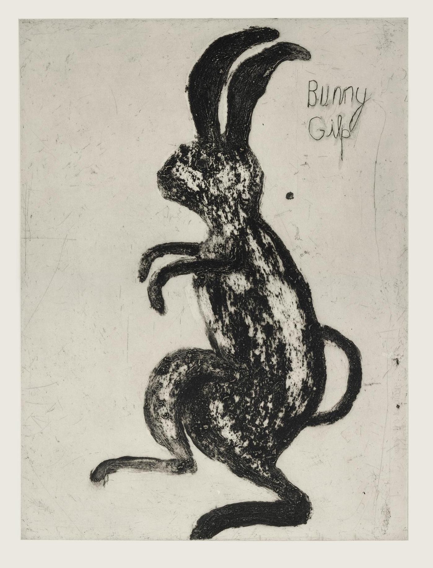 Bunny Gilp is a limited edition drypoint etching with medium by Kate Boxer. The rich brown tones almost create a monochromatic look with an added warmth. Sheet sizes may vary. Kate Boxer makes the plates in her studio which are then sent to to the