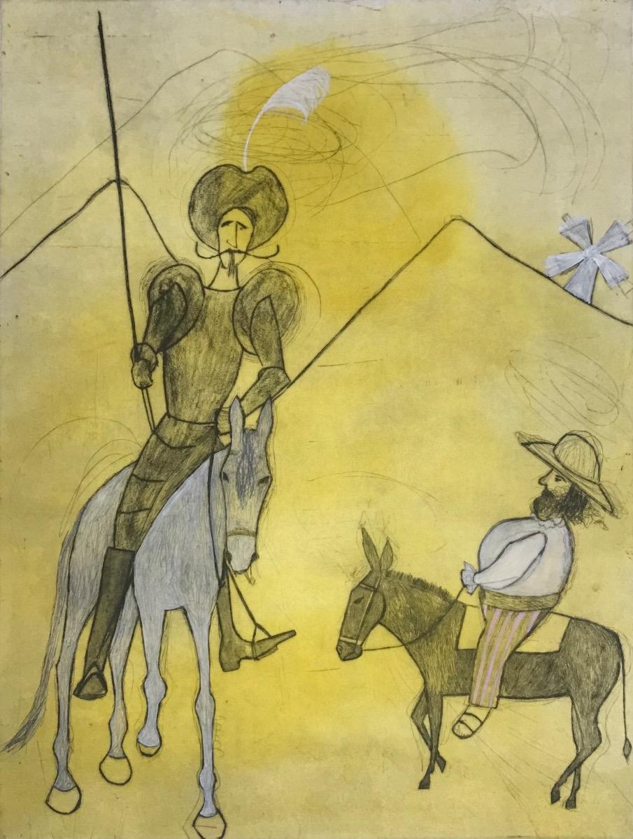 Don Quixote And Sancho Panza by Kate Boxer ilustrating men on horses on a yellow background with white elements.

Additional information:

Sold unframed

limited Edition of 30



Total Size of Work height: 86.3  (cm)

Total Size of Work width: 67.5