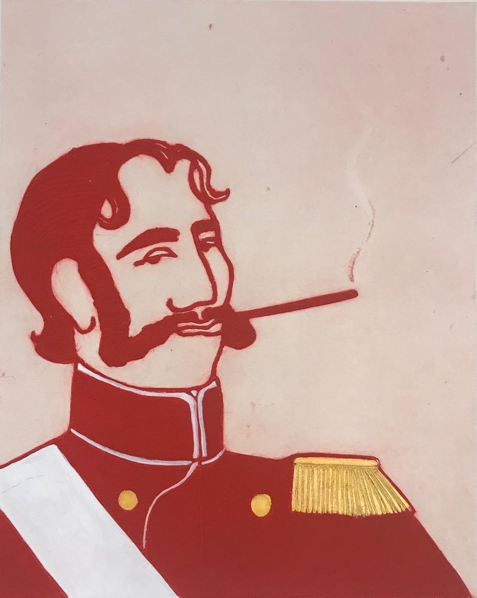 Flashman by Kate boxer consists of  red and orange tones that display a man in uniform 

Additional information:

Sold unframed

Limited Edition of 30

Made with Drypoint, carborundum and hand coloured

Please note that insitu images are purely an