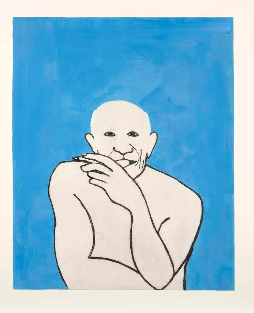 Picasso is a hand coloured limited edition drypoint etching by Kate Boxer. Picasso by Kate Boxer is reminiscent of how the famed artist looked in the late sixties. Kate Boxer makes the plates in her studio which are then sent to to the master