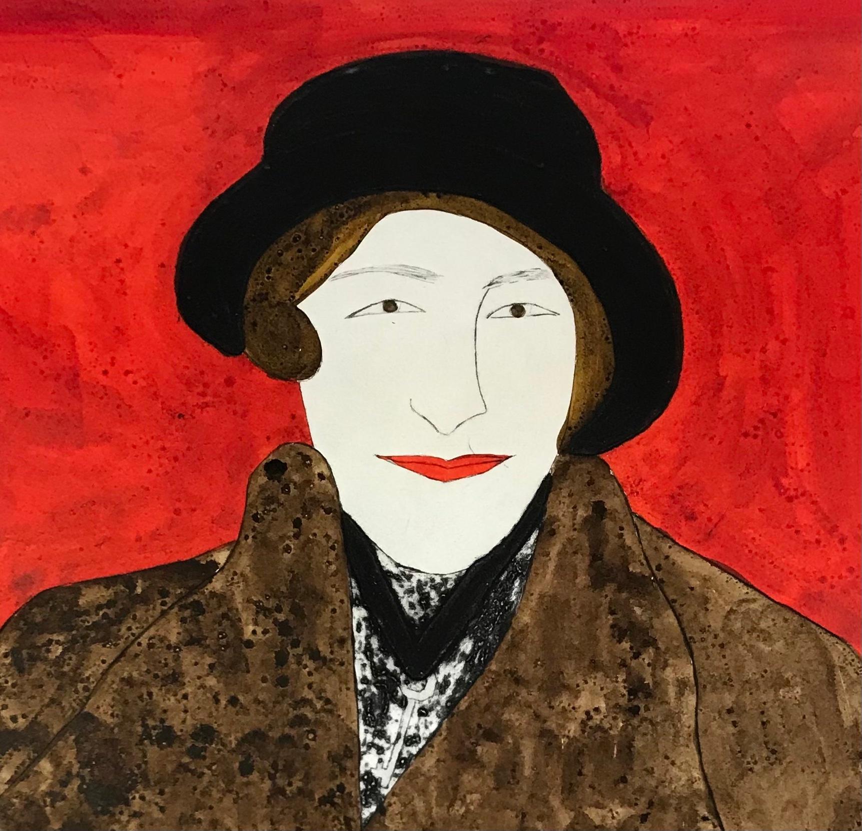 Agatha Christie's ist eine handkolorierte Kaltnadelradierung in limitierter Auflage von Kate Boxer. Es zeigt den ikonischen Schriftsteller mit einem schwarzen Hut und einem braunen Pelzmantel vor einem roten Hintergrund.

Dame Agatha Christie war