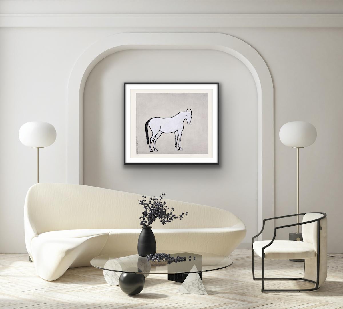 Austen is a limited edition drypoint print by artist Kate Boxer, featuring a white horse looking behind in a minimalist composition.

ADDITIONAL INFORMATION:
Drypoint print, Handmade print
Edition of 30
79 H x 89 W x 0.5 D cm (31.10 x 35.04 x 0.20