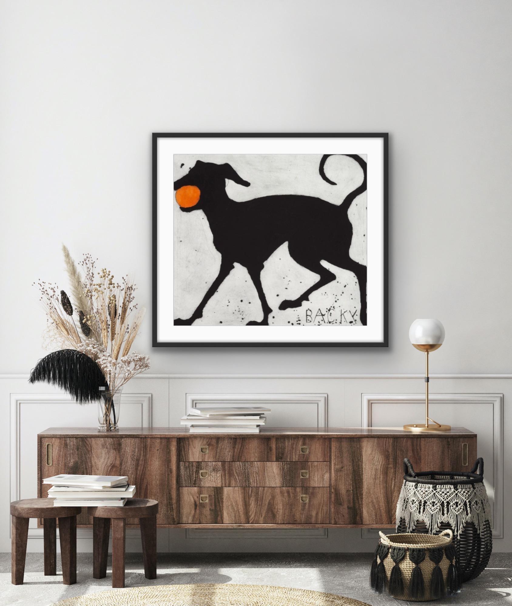 Backy, Contemporary Animal Art, Black Dog Art, Bright Minimalist Art – Print von Kate Boxer 