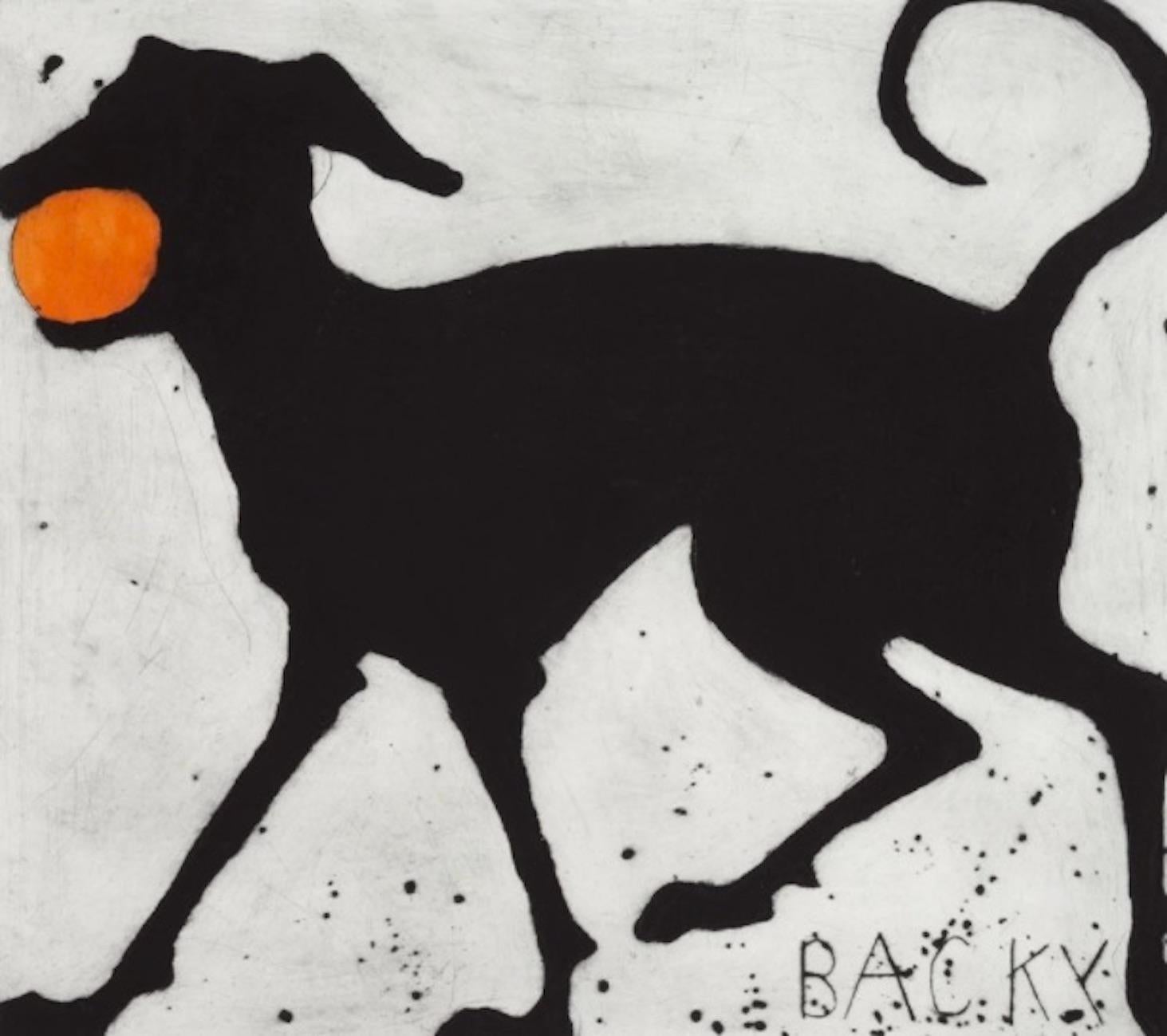 Becky, zeitgenössische Tierkunst, Fluoro-Kunst, schwarze Hundekunst, helle minimalistische Kunst
