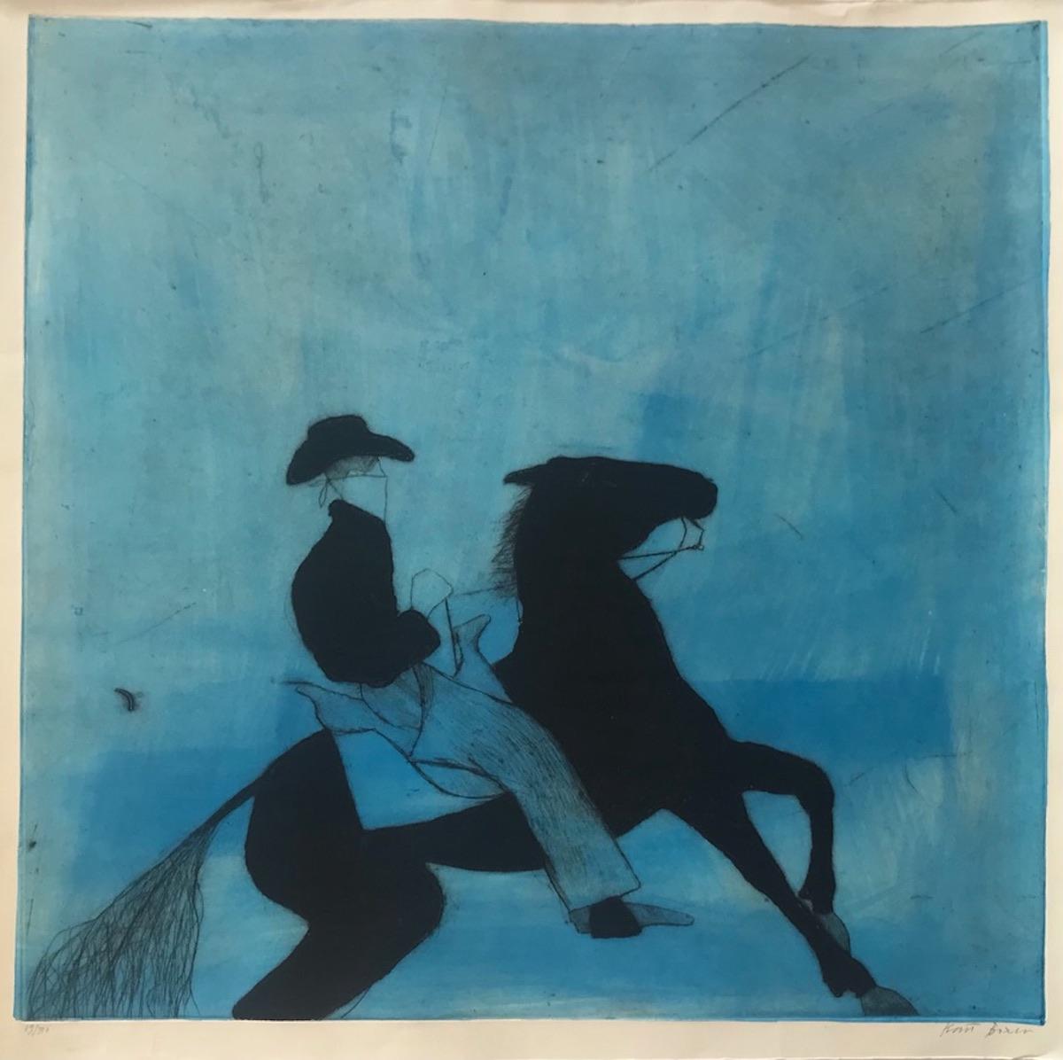 Cowboy and Horse – Blue by Kate Boxer, Drypoint print, Handmade print [2022]