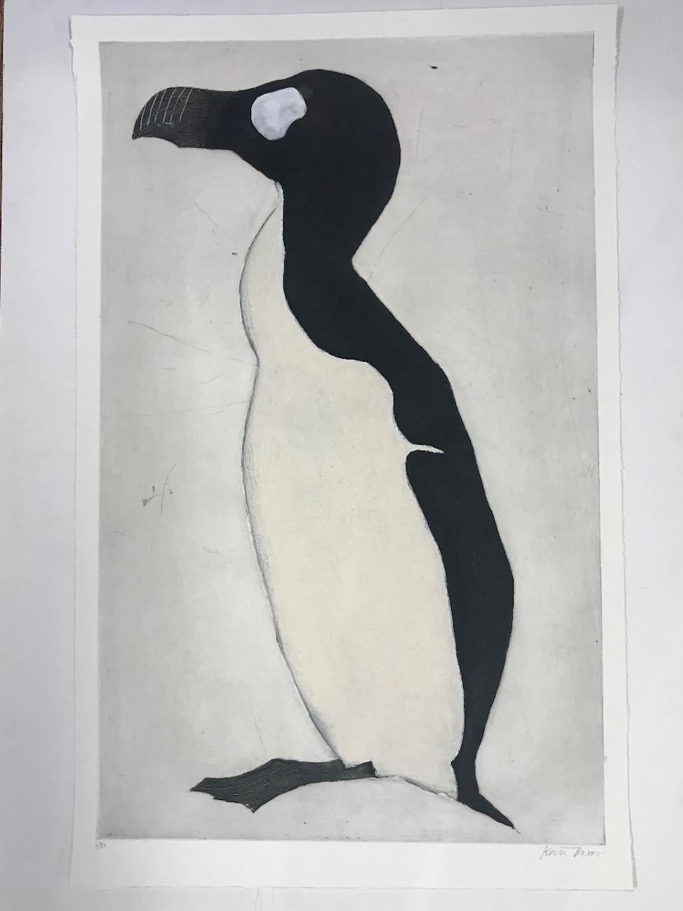 Great Auk by Kate boxer consists of white and black tones outlining the hand coloured Great Auk.

ADDITIONAL INFORMATION:
Sold unframed
Limited Edition of 30
Made with Drypoint, carborundum and hand coloured

Please note that insitu images are