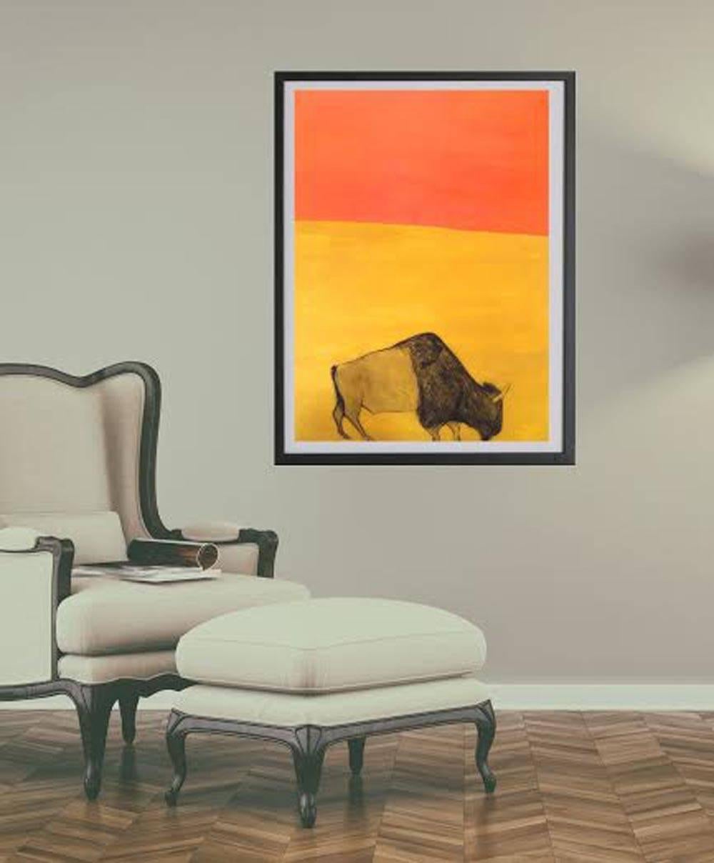 Kate Boxer's limited edition contemporary drypoint and chine colle print 'I feel like an African Prince featuring an orange and yellow sky and an ochre bison. This piece is a limited edition of 30 works. The work has been signed by the artist with