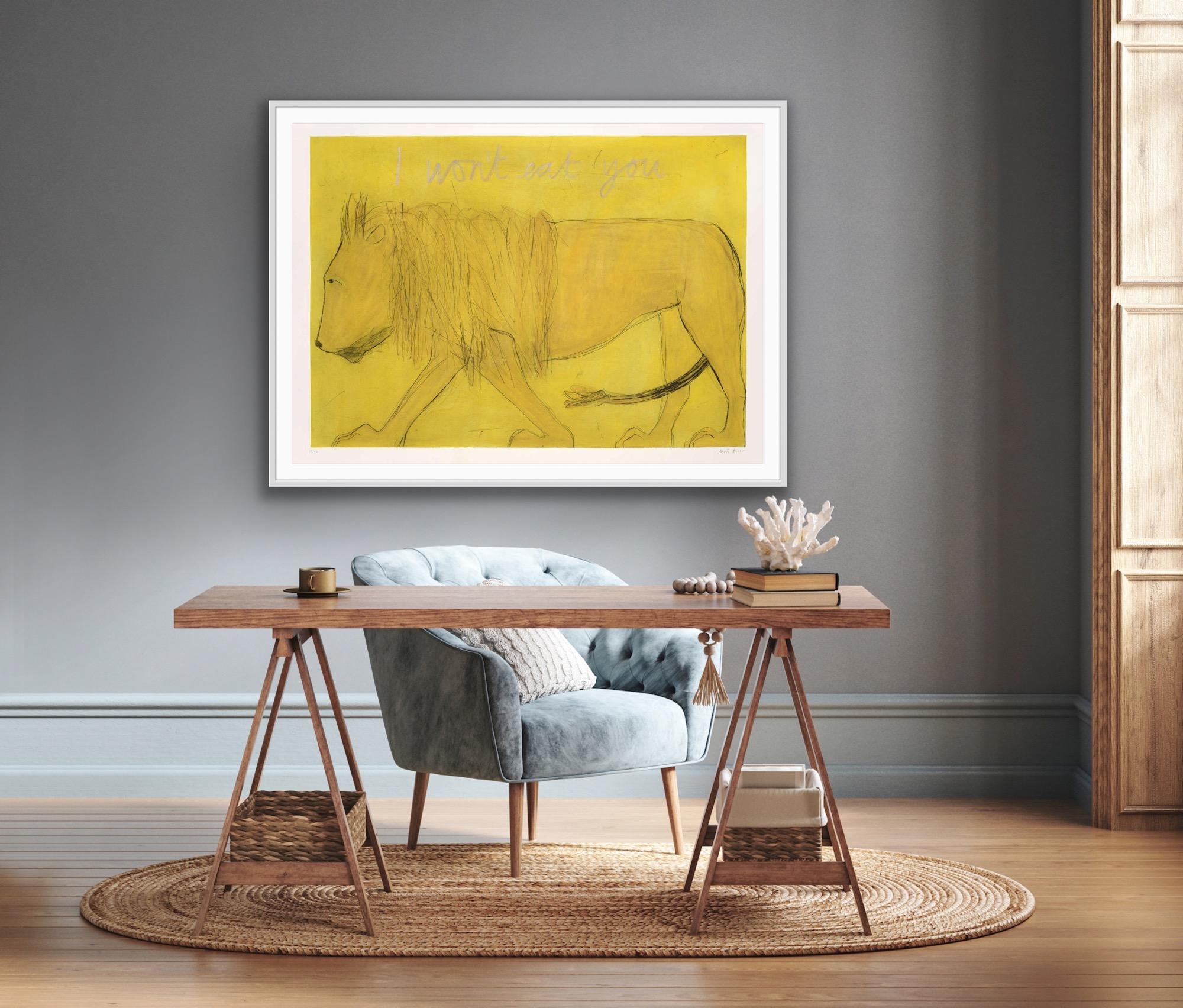 I Won't Eat You, Limited edition print, Animal print, Lion, Yellow, Illustrative For Sale 3
