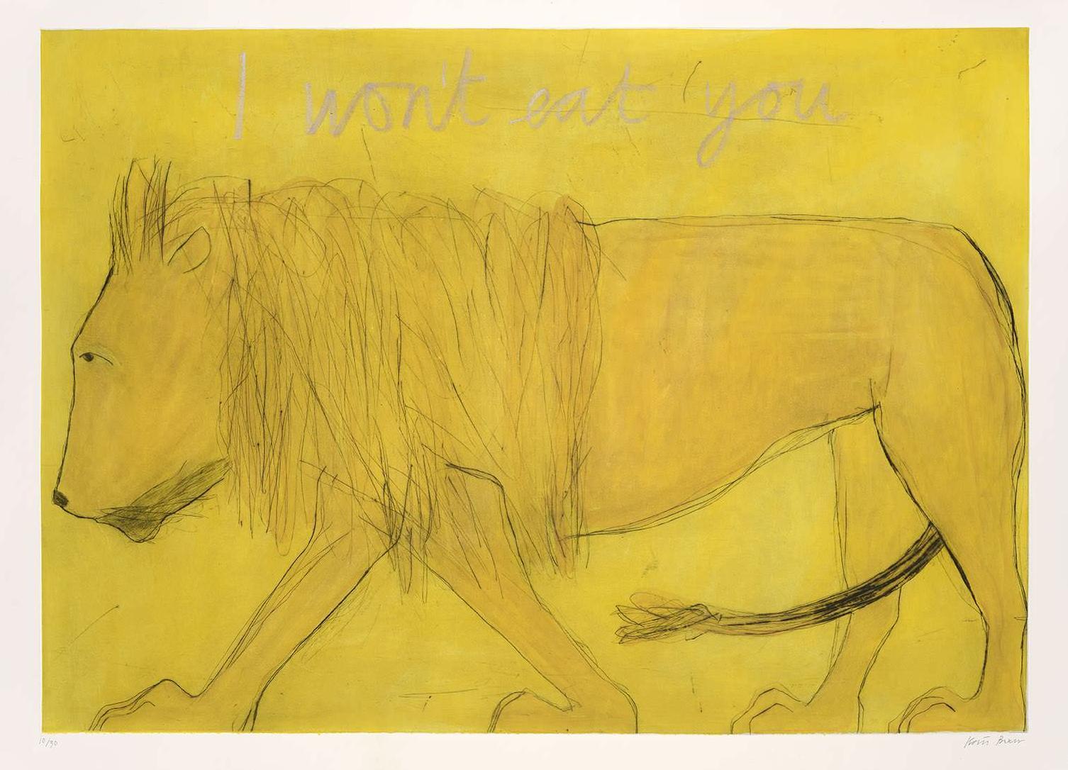 Landscape Print Kate Boxer  - I Won't Eat You, édition limitée, imprimé animal, lion, jaune, illustration