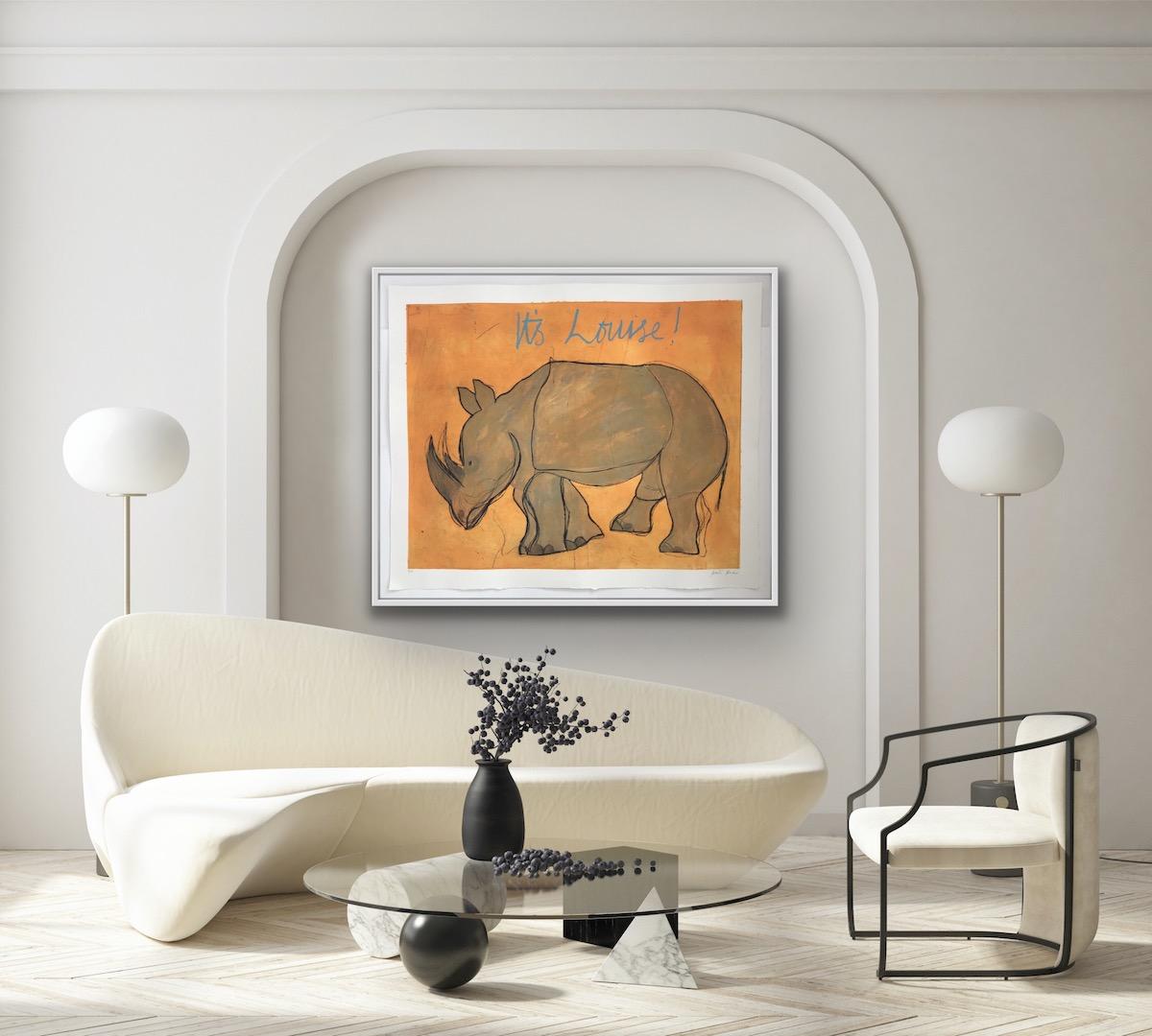 It's Louise, Handmade Dry Point Print, Animal Print, Rhino Art, Handmade print - Orange Figurative Print by Kate Boxer 