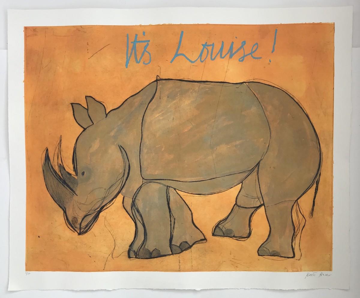 It’s Louise! by Kate Boxer [2020]
limited_edition and hand signed by the artist 
Drypoint, Gouache and Oil Pastel on Paper
Edition number 30
Image size: H:80 cm x W:100 cm
Complete Size of Unframed Work: H:90 cm x W:110 cm x D:0.5cm

Sold