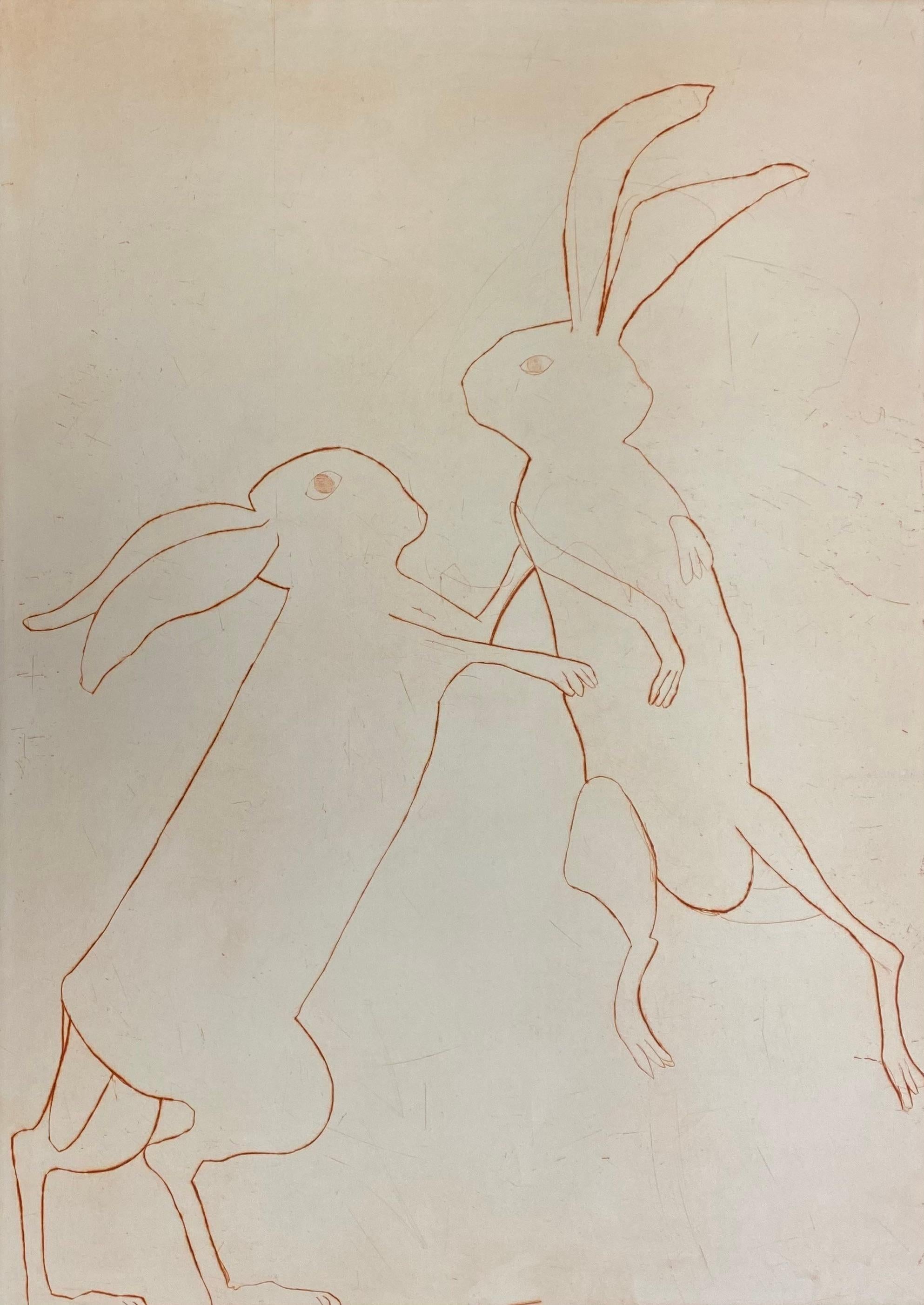 Kate Boxer – Boxing Hares.
Limited edition print, drypoint.
Image Size: H:99CM X W:70.5CM
Sheet Size: H:109CM X W:80.5CM

The sizes do vary slightly and each work is unique so vary in terms of colour as well. Please contact us before buying if you