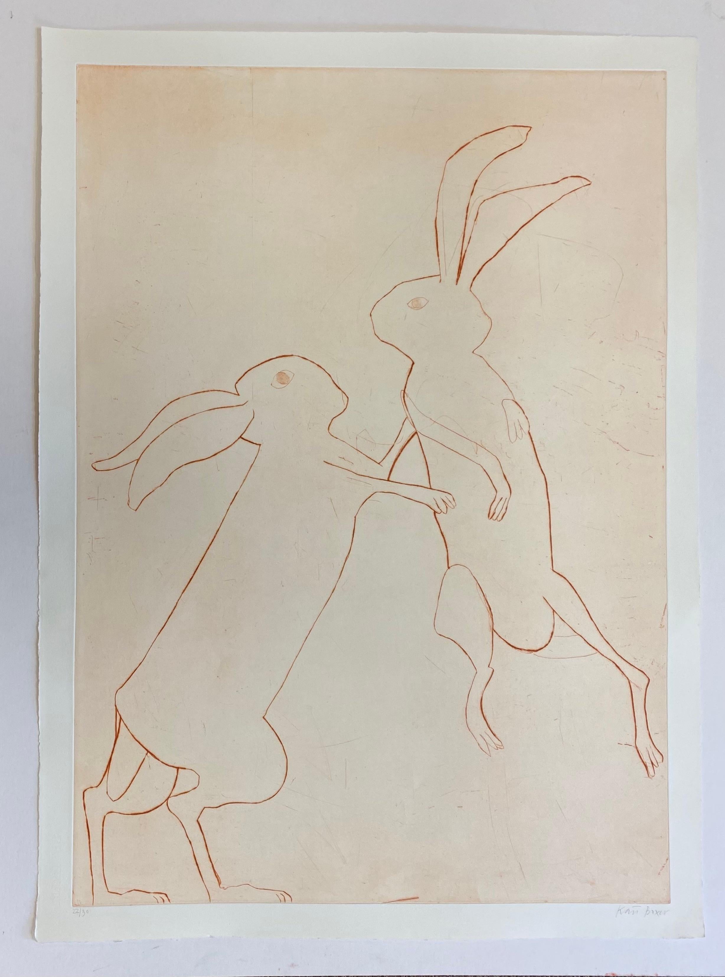 Kate Boxer – Boxing Hares.
Limited edition print, drypoint.
Image Size: H:99CM X W:70.5CM
Sheet Size: H:109CM X W:80.5CM

The sizes do vary slightly and each work is unique so vary in terms of colour as well. Please contact us before buying if you