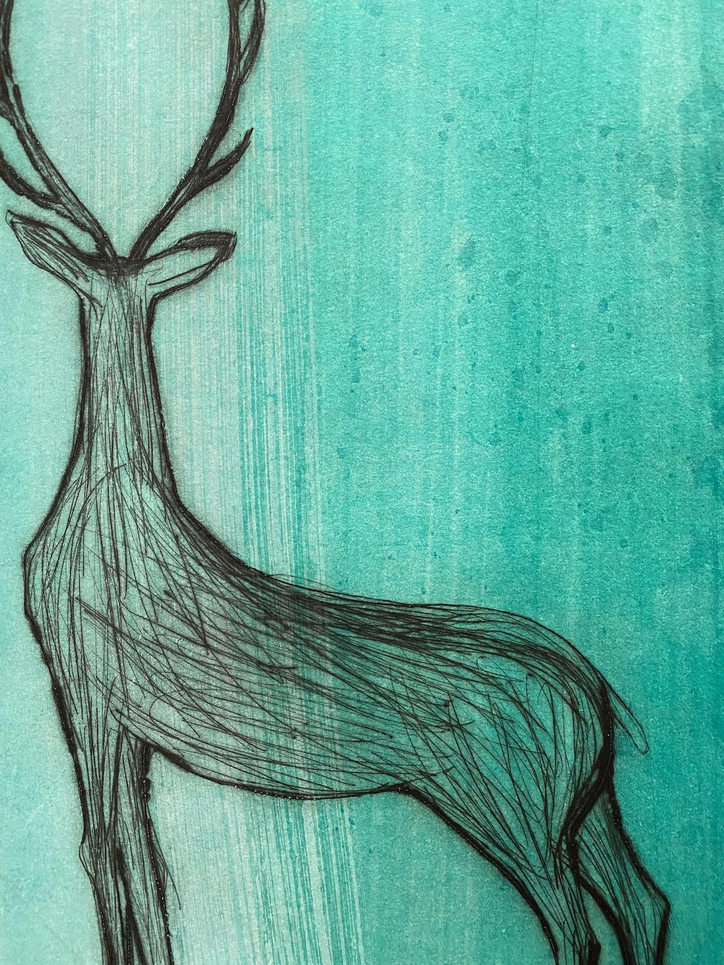 Kate Boxer, Stags Admiring an Emerald Waterfall, Contemporary Art, Animal Art 3