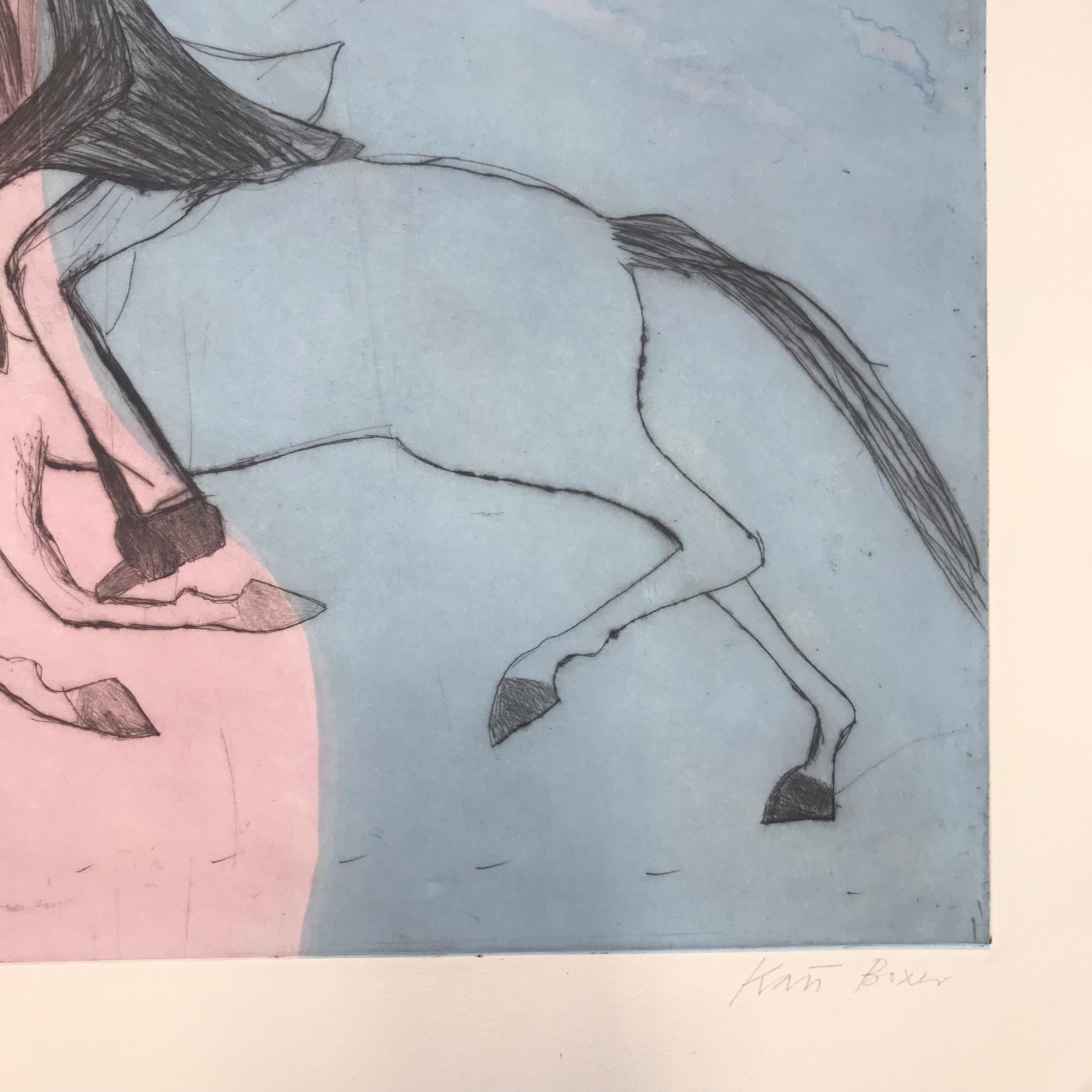 Kenny! is a limited edition drypoint etching on chîne collée paper by Kate Boxer. Kenny! depicts three cowboys speeding off. The vibrant pastel background, that Kate Boxer has chosen, gives the work a soft feel which contrasts the rush that highway