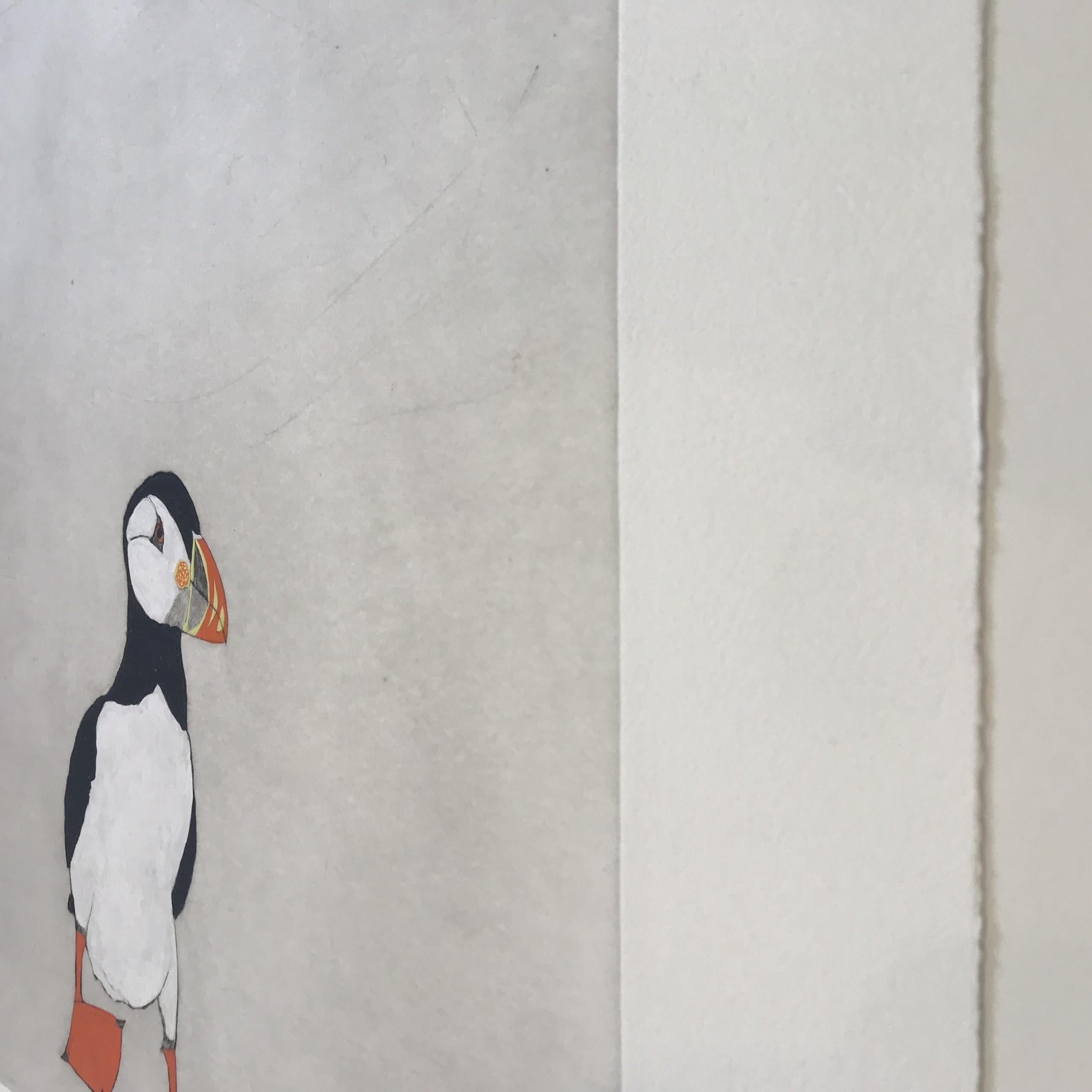 Puffin is a hand coloured limited edition drypoint etching with carborundum by artist and printmaker, Kate Boxer. Kate Boxer brings the vibrant colours of the puffin's beak to life in this drypoint print made with carborundum and finished with hand
