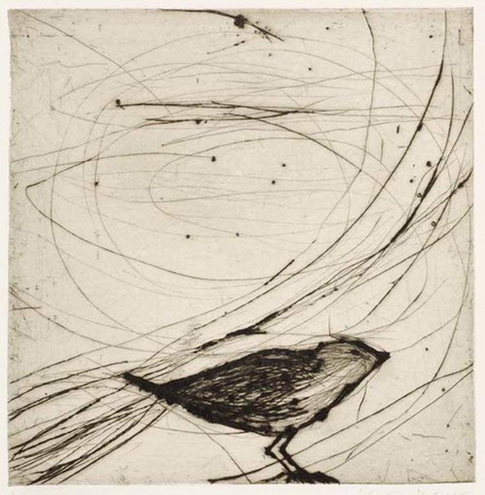 Kate Boxer's print 'Small Bird' is a limited edition drypoint print featuring an abstracted black bird within the trees. This work is in an edition of 30 and is signed and editioned by the artist in pencil along the bottom edge of the print.