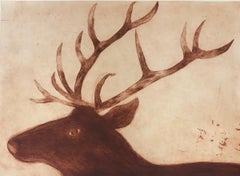 Stag, Kate Boxer, Handmade Drypoint Print, Animal and Wildlife folk art