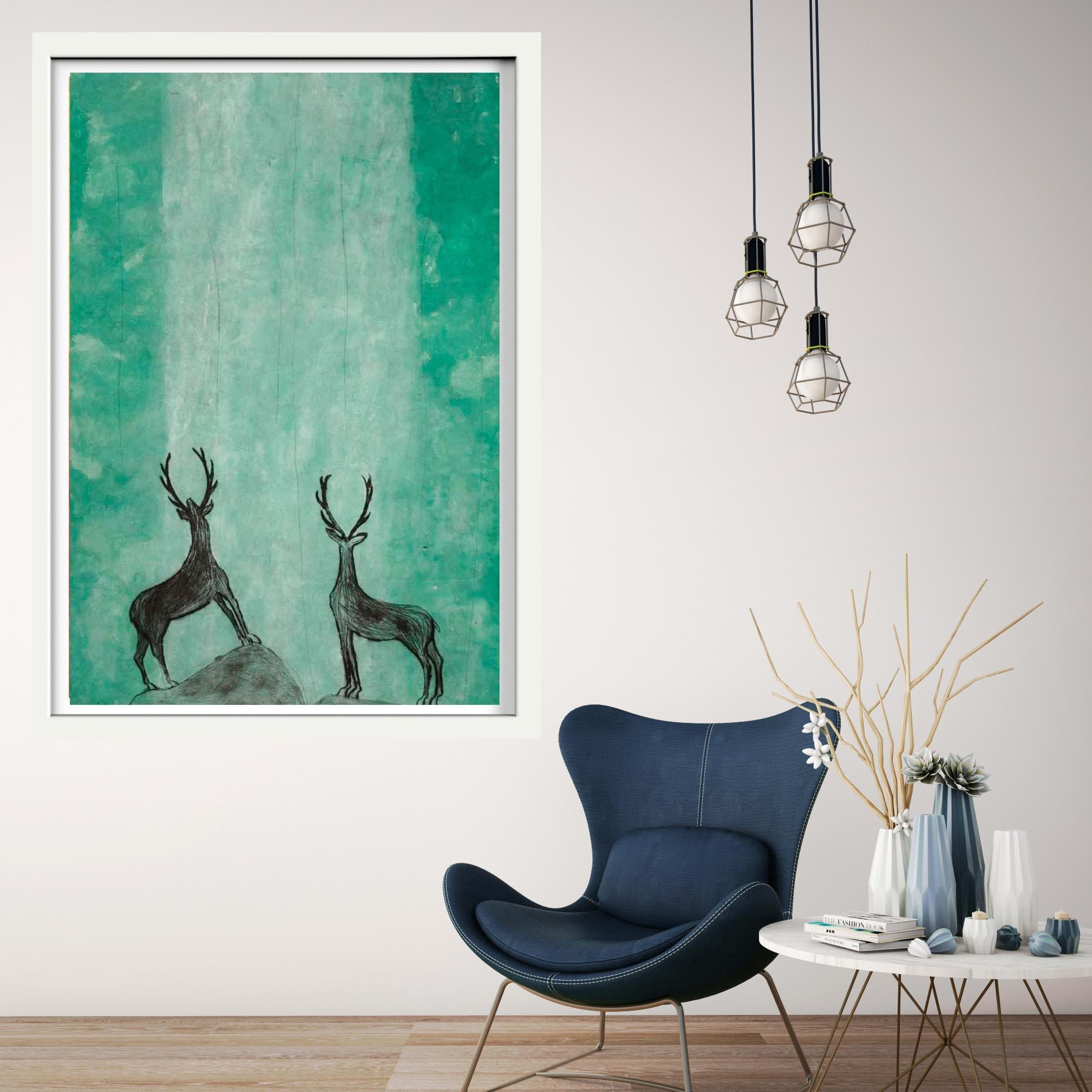 Kate Boxer
Stags Admiring a Waterfall
Limited Edition Drypoint
Paper Size: 76 x 104 cm
(Please note that in situ images are purely an indication of how a piece may look).

Stags Admiring a Waterfall is an emerald green contemporary print by Kate