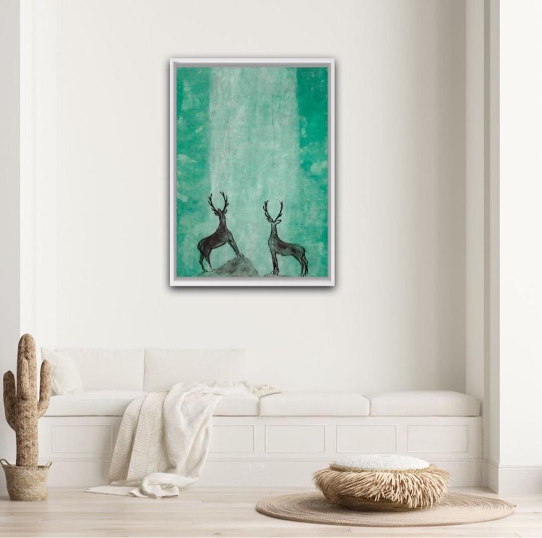 Kate Boxer, Stags Admiring an Emerald Waterfall, Contemporary Art, Animal Art 7