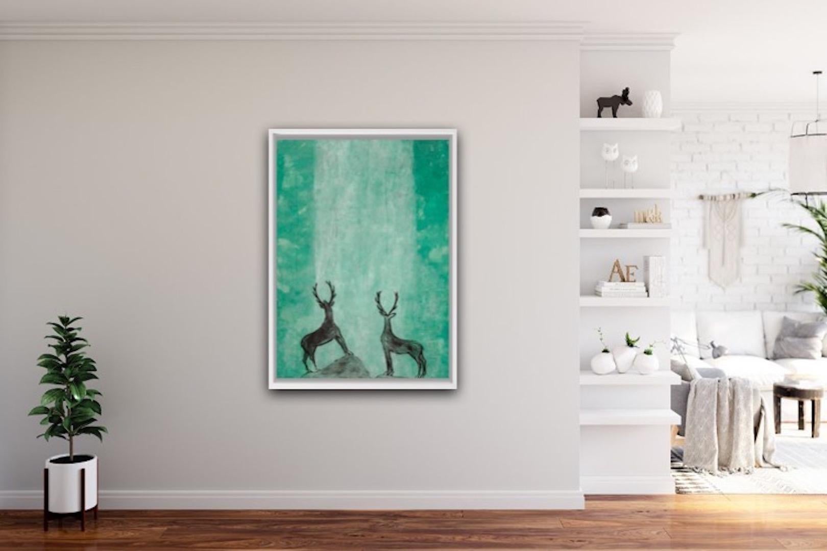 Kate Boxer, Stags Admiring an Emerald Waterfall, Contemporary Art, Animal Art 1