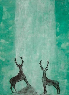 Kate Boxer, Stags Admiring an Emerald Waterfall, Contemporary Art, Animal Art