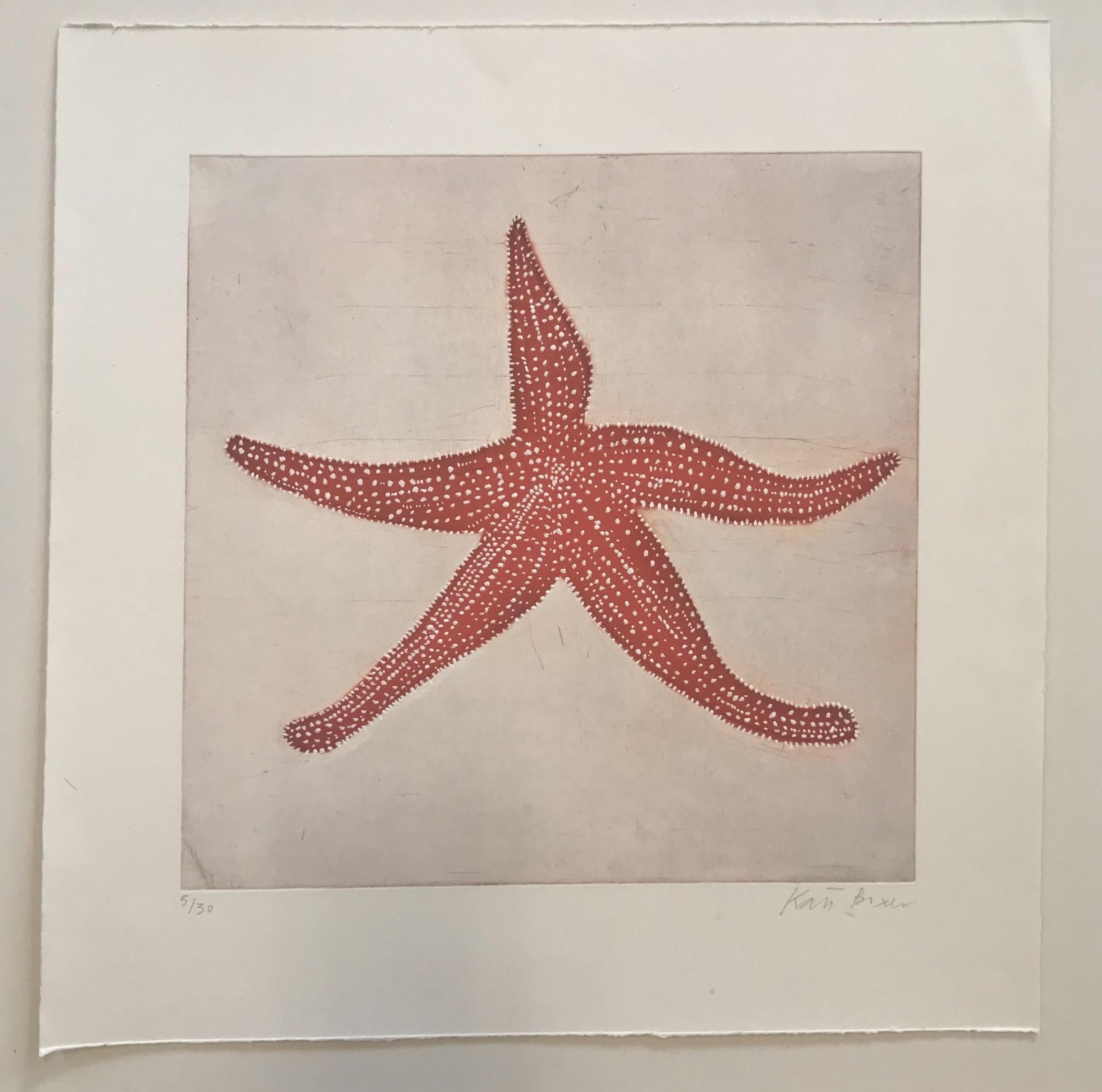 Starfish is a hand coloured limited edition drypoint etching with carborundum on paper by Kate Boxer. Starfish is printed in a warm terracotta tone with delicate white dots which give the contemporary artwork a refined finish. Kate Boxer makes the
