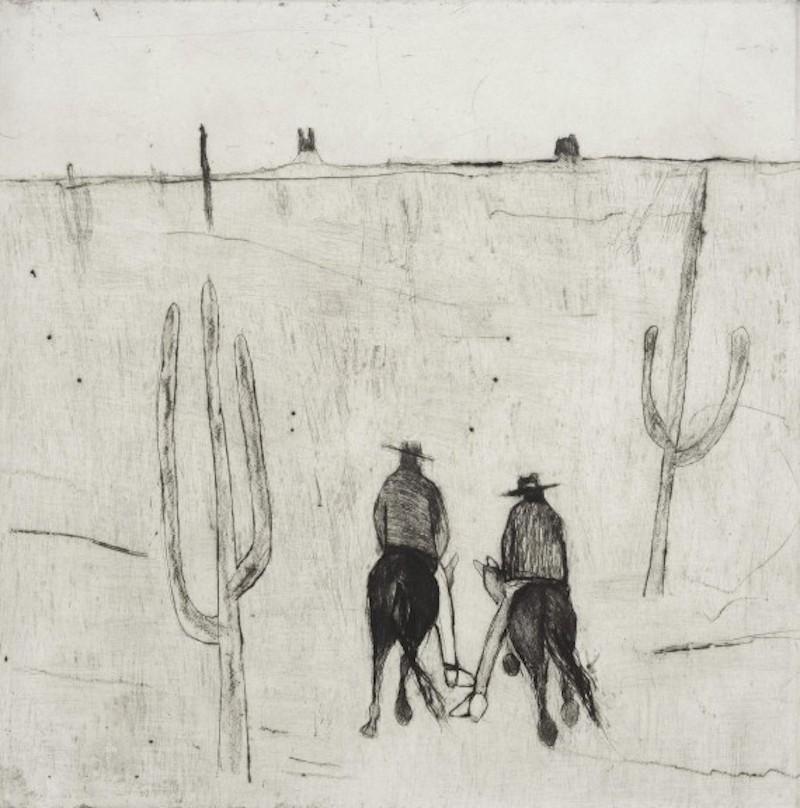 Kate Boxer  Figurative Print - Yellow Sky, Limited edition print, Landscape, Animal, Cowboy, Horses, Western