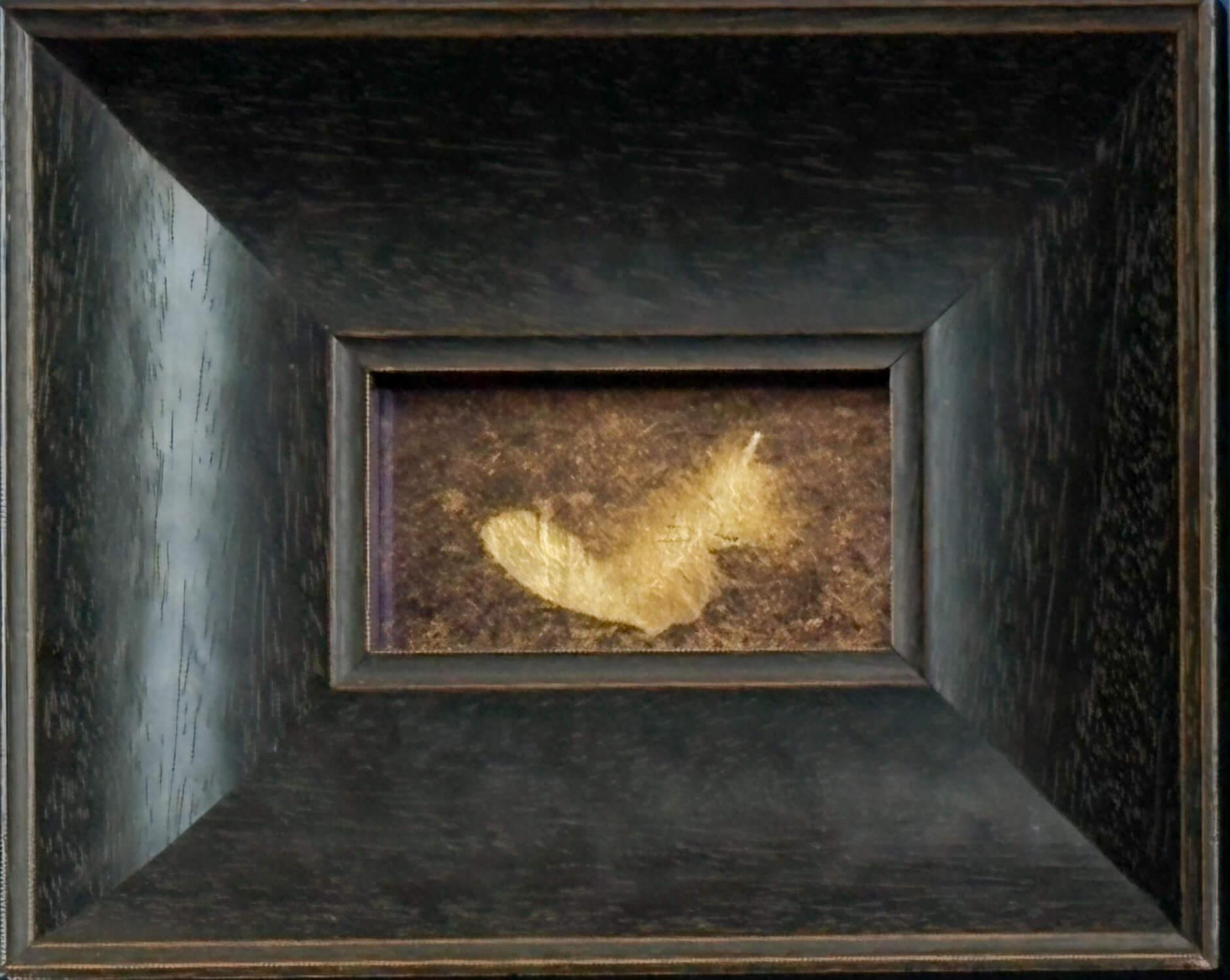 Kate Breakey Still-Life Painting - "Owl Feather" Original Artwork, 24kt Gold on Museum Glass