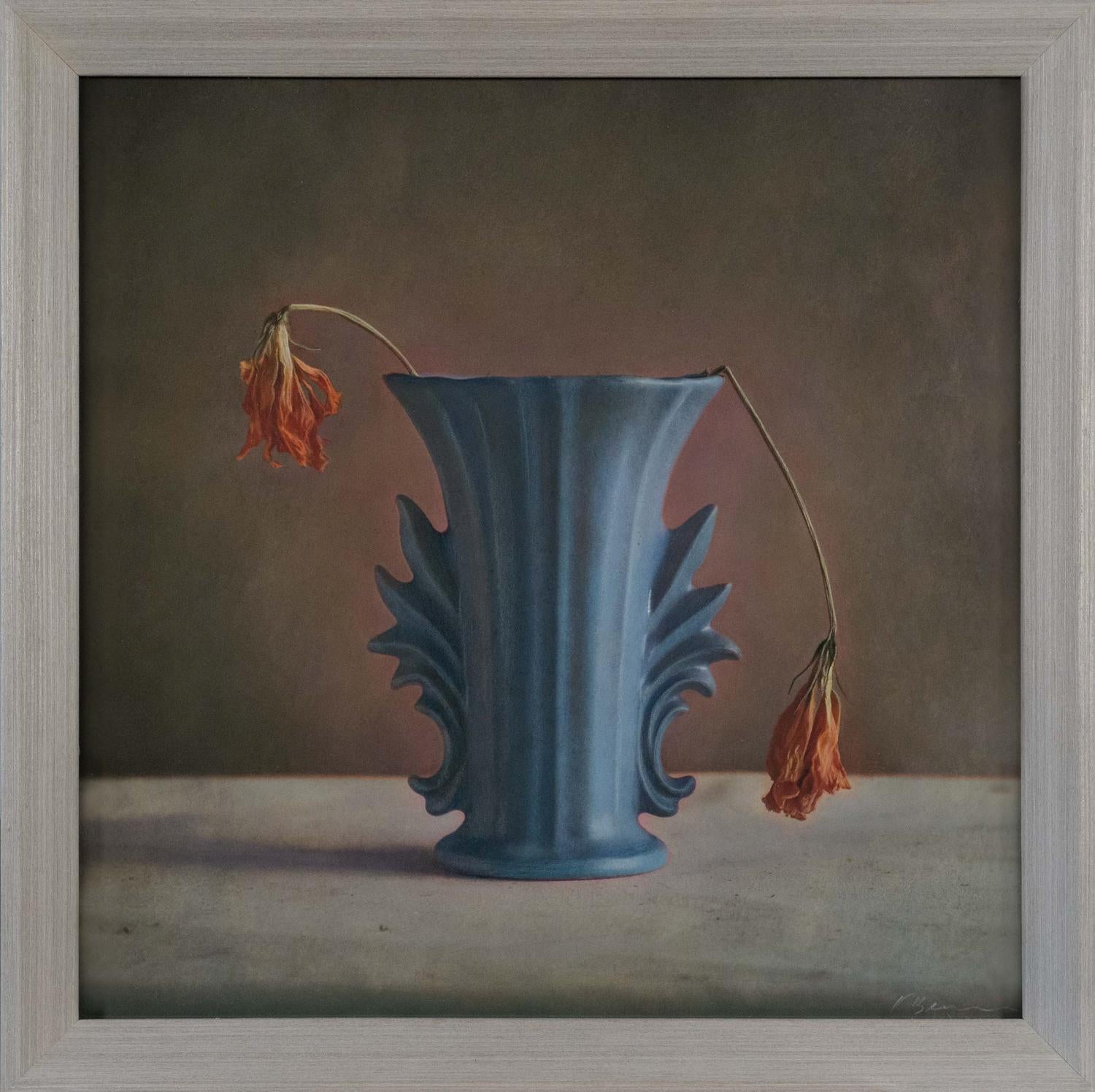 Kate Breakey Landscape Photograph - Blue Vase, Two Dead Flowers