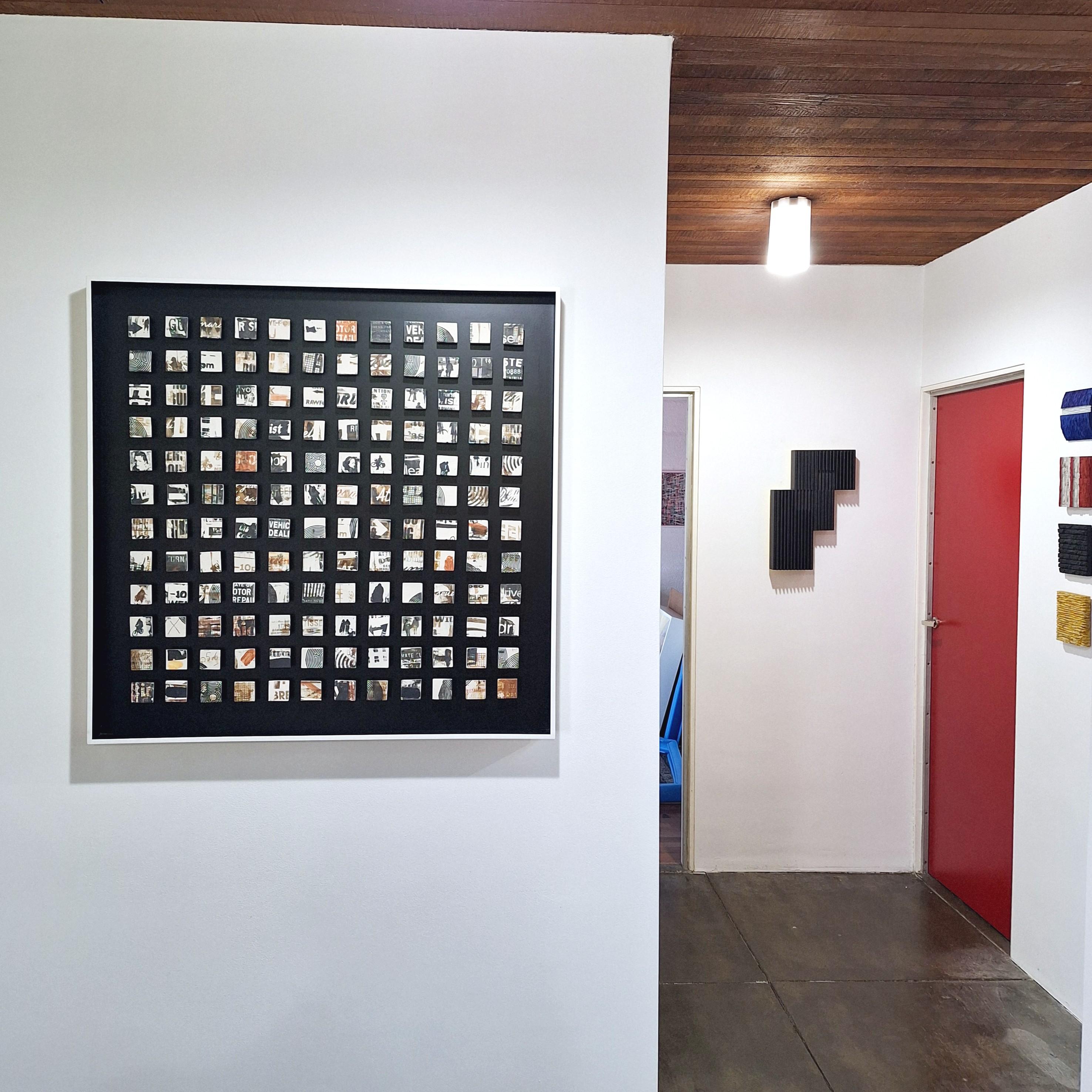 Contemporary modern orange-brown black white ceramic painting Maze - Painting by Kate Brett