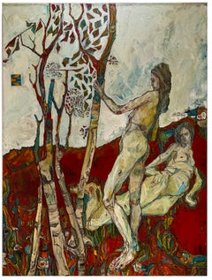 Physics of Stability - Two Nudes in Wooded Landscape, Original Acrylic Painting