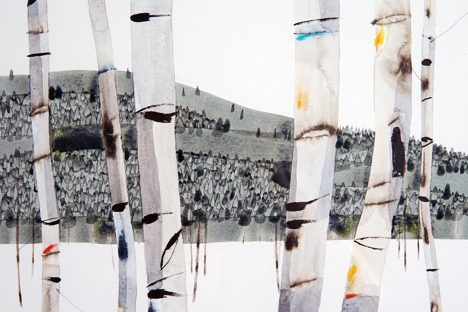 Distant Forest Beyond the Birch - Contemporary Painting by Kate Evans