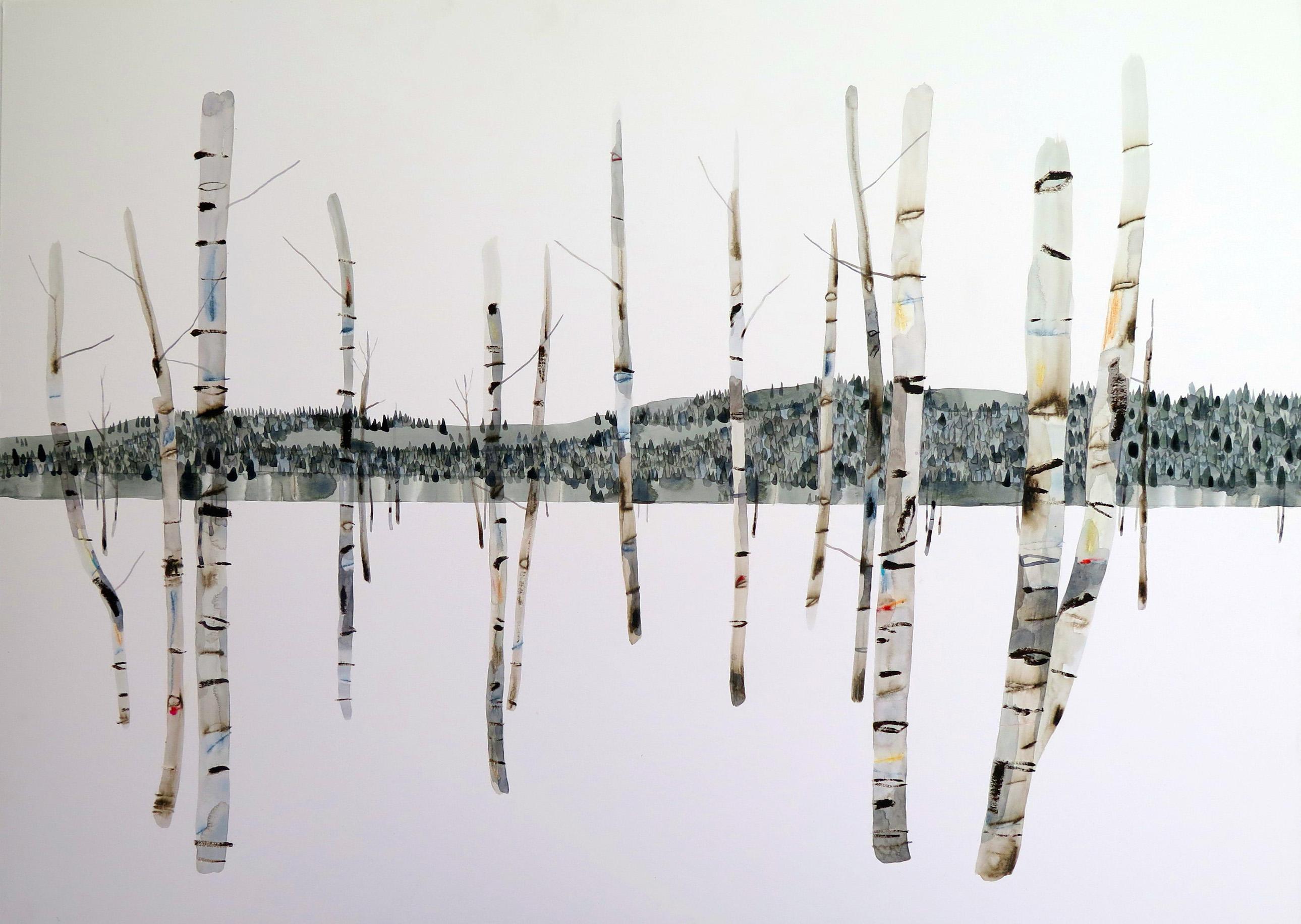 Kate Evans Landscape Painting - Distant Forest Beyond the Birch