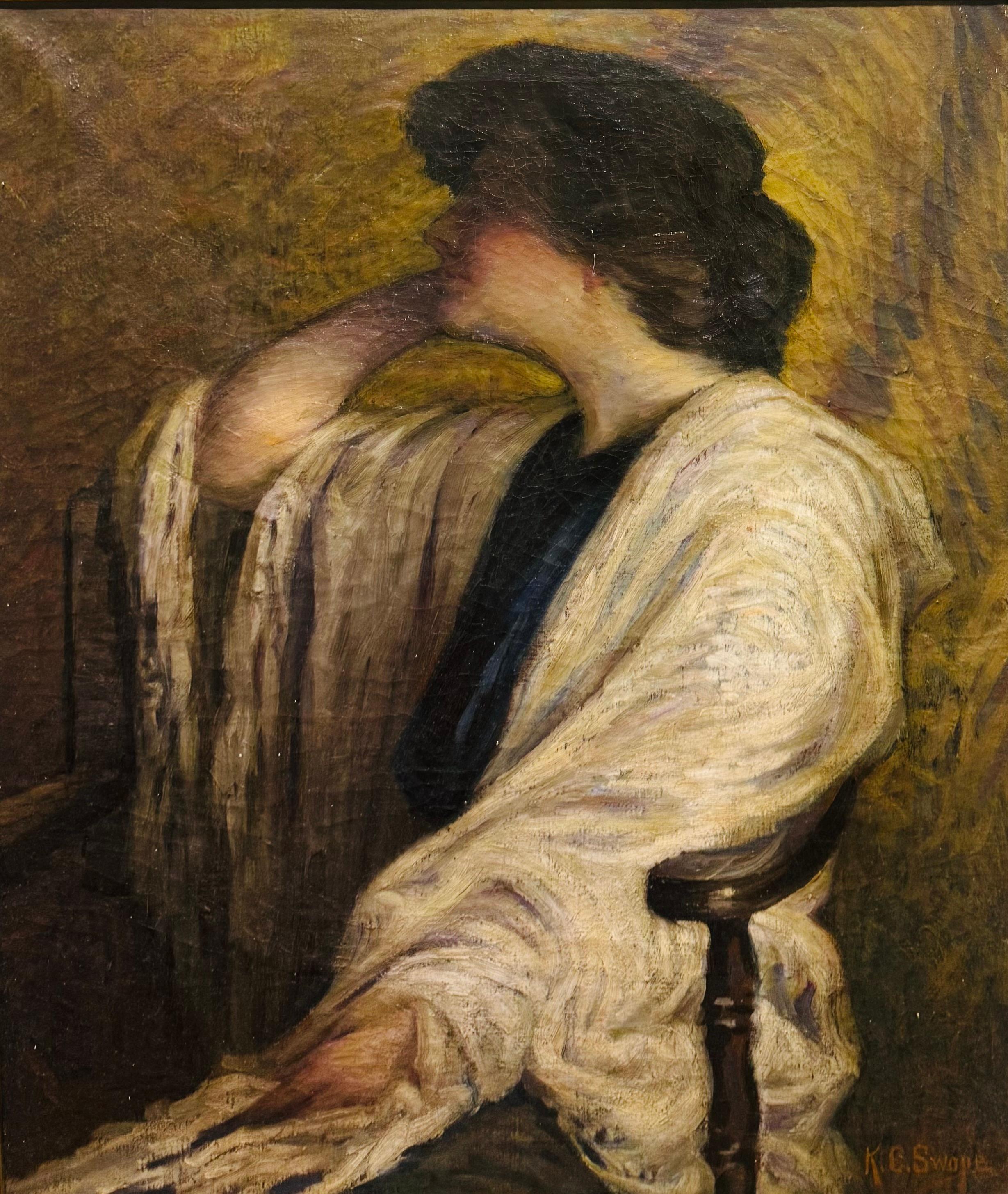 ARTISTE DU KENTUCKY Impressionniste Femme avec châle - Marron Figurative Painting par Kate Francis Swope