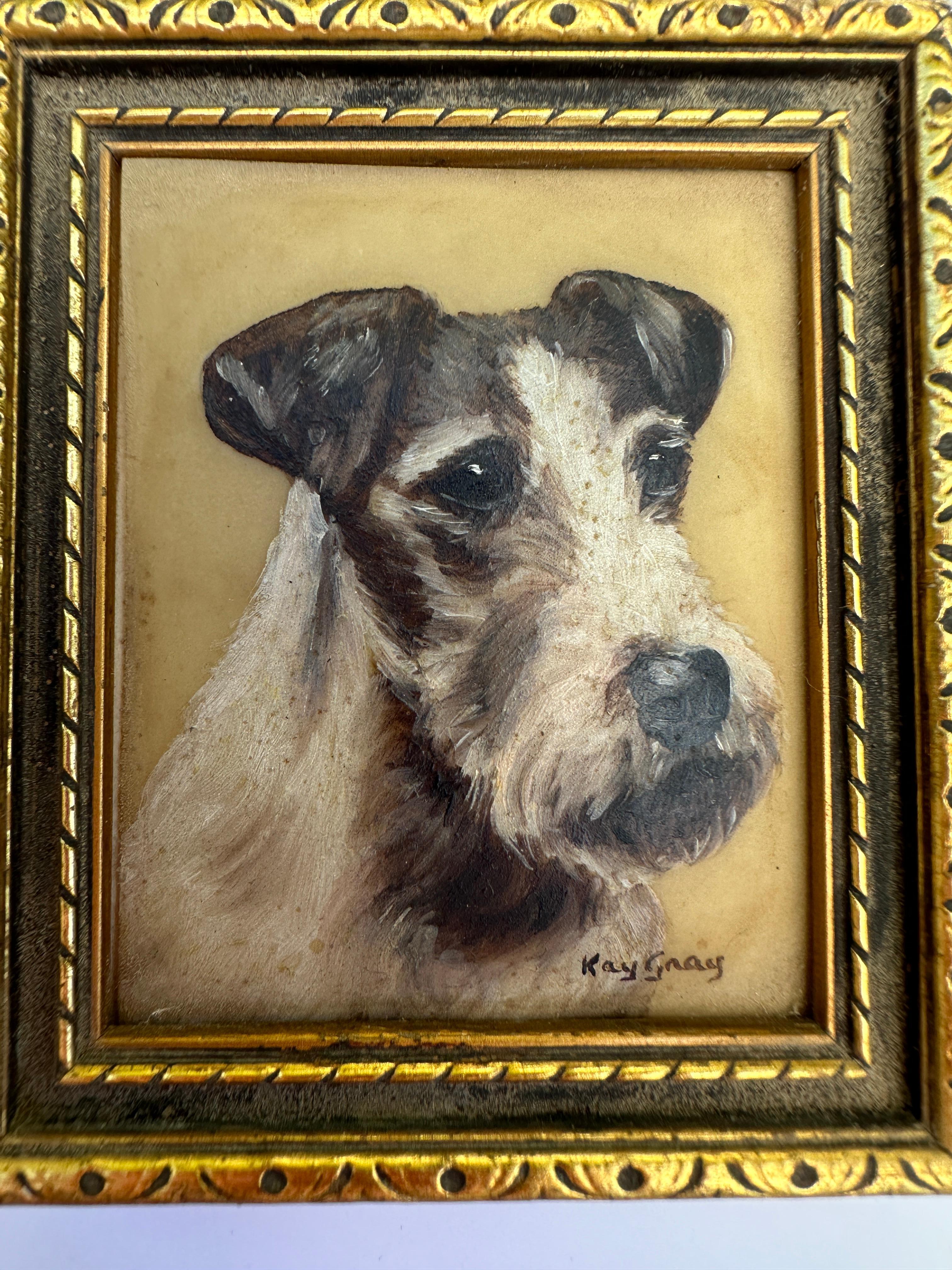 English mid century oil painting Portrait of a Wire Haired Jack Russell terrier - Painting by Kate Gray