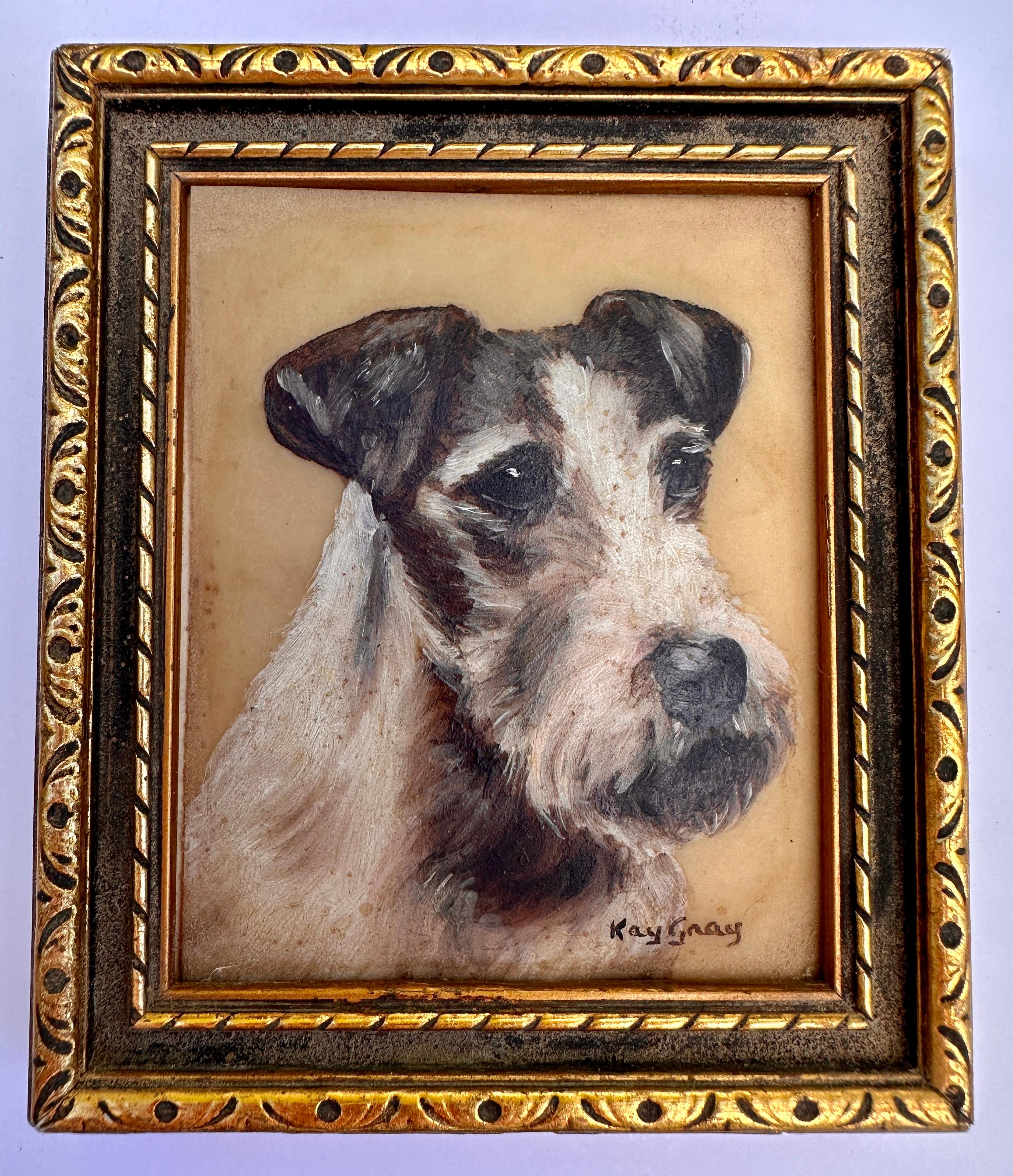 English mid century oil painting Portrait of a Wire Haired Jack Russell terrier