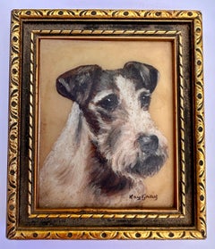 Vintage English mid century oil painting Portrait of a Wire Haired Jack Russell terrier